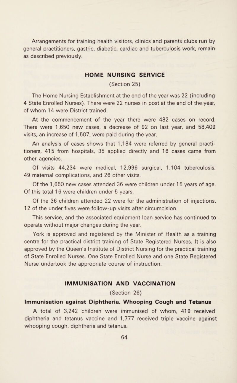 Arrangements for training health visitors, clinics and parents clubs run by general practitioners, gastric, diabetic, cardiac and tuberculosis work, remain as described previously. HOME NURSING SERVICE (Section 25) The Home Nursing Establishment at the end of the year was 22 (including 4 State Enrolled Nurses). There were 22 nurses in post at the end of the year, of whom 14 were District trained. At the commencement of the year there were 482 cases on record. There were 1,650 new cases, a decrease of 92 on last year, and 58,409 visits, an increase of 1,507, were paid during the year. An analysis of cases shows that 1,184 were referred by general practi¬ tioners, 415 from hospitals, 35 applied directly and 16 cases came from other agencies. Of visits 44,234 were medical, 12,996 surgical, 1,104 tuberculosis, 49 maternal complications, and 26 other visits. Of the 1,650 new cases attended 36 were children under 1 5 years of age. Of this total 1 6 were children under 5 years. Of the 36 children attended 22 were for the administration of injections, 12 of the under fives were follow-up visits after circumcision. This service, and the associated equipment loan service has continued to operate without major changes during the year. York is approved and registered by the Minister of Health as a training centre for the practical district training of State Registered Nurses. It is also approved by the Queen's Institute of District Nursing for the practical training of State Enrolled Nurses. One State Enrolled Nurse and one State Registered Nurse undertook the appropriate course of instruction. IMMUNISATION AND VACCINATION (Section 26) Immunisation against Diphtheria, Whooping Cough and Tetanus A total of 3,242 children were immunised of whom, 419 received diphtheria and tetanus vaccine and 1,777 received triple vaccine against whooping cough, diphtheria and tetanus.