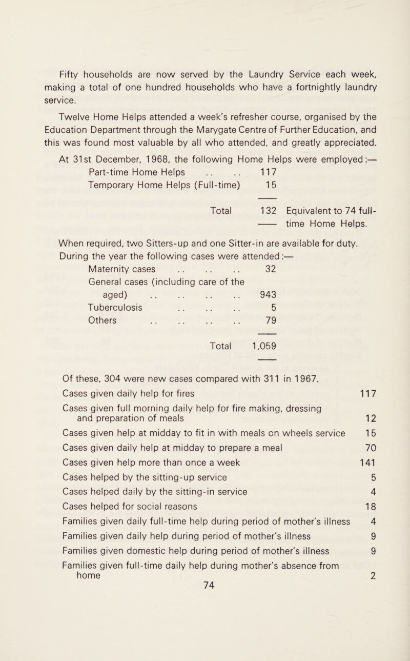 Fifty households are now served by the Laundry Service each week, making a total of one hundred households who have a fortnightly laundry service. Twelve Home Helps attended a week's refresher course, organised by the Education Department through the Marygate Centre of Further Education, and this was found most valuable by all who attended, and greatly appreciated. At 31st December, 1968, the following Home Helps were employed:— Part-time Home Helps .. .. 117 Temporary Home Helps (Full-time) 15 Total 132 Equivalent to 74 full- - time Home Helps. When required, two Sitters-up and one Sitter-in are available for duty. During the year the following cases were attended:— Maternity cases . 32 General cases (including care of the aged) . 943 Tuberculosis 5 Total 1,059 Of these, 304 were new cases compared with 311 ini 967. Cases given daily help for fires 117 Cases given full morning daily help for fire making, dressing and preparation of meals 12 Cases given help at midday to fit in with meals on wheels service 1 5 Cases given daily help at midday to prepare a meal 70 Cases given help more than once a week 141 Cases helped by the sitting-up service 5 Cases helped daily by the sitting-in service 4 Cases helped for social reasons 18 Families given daily full-time help during period of mother's illness 4 Families given daily help during period of mother's illness 9 Families given domestic help during period of mother's illness 9 Families given full-time daily help during mother's absence from home 2