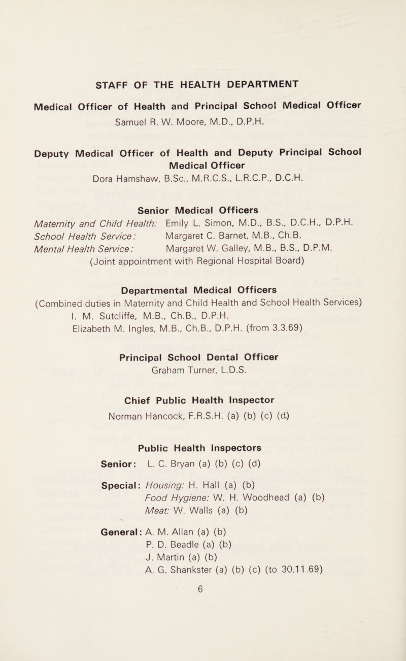 STAFF OF THE HEALTH DEPARTMENT Medical Officer of Health and Principal School Medical Officer Samuel R. W. Moore, M.D., D.P.H. Deputy Medical Officer of Health and Deputy Principal School Medical Officer Dora Hamshaw, B.Sc., M.R.C.S., L.R.C.P., D.C.H. Senior Medical Officers Maternity and Child Health: Emily L. Simon, M.D., B.S., D.C.H., D.P.H. School Health Service: Margaret C. Barnet, M.B., Ch.B. Mental Health Service: Margaret W. Galley, M.B., B.S., D.P.M. (Joint appointment with Regional Hospital Board) Departmental Medical Officers (Combined duties in Maternity and Child Health and School Health Services) I. M. Sutcliffe, M.B., Ch.B., D.P.H. Elizabeth M. Ingles, M.B., Ch.B., D.P.H. (from 3.3.69) Principal School Dental Officer Graham Turner, L.D.S. Chief Public Health Inspector Norman Hancock, F.R.S.H. (a) (b) (c) (d) Public Health Inspectors Senior: L. C. Bryan (a) (b) (c) (d) Special: Housing: H. Hall (a) (b) Food Hygiene: W. H. Wood head (a) (b) Meat: W. Walls (a) (b) General: A. M. Allan (a) (b) P. D. Beadle (a) (b) J. Martin (a) (b) A. G. Shankster (a) (b) (c) (to 30.11.69)