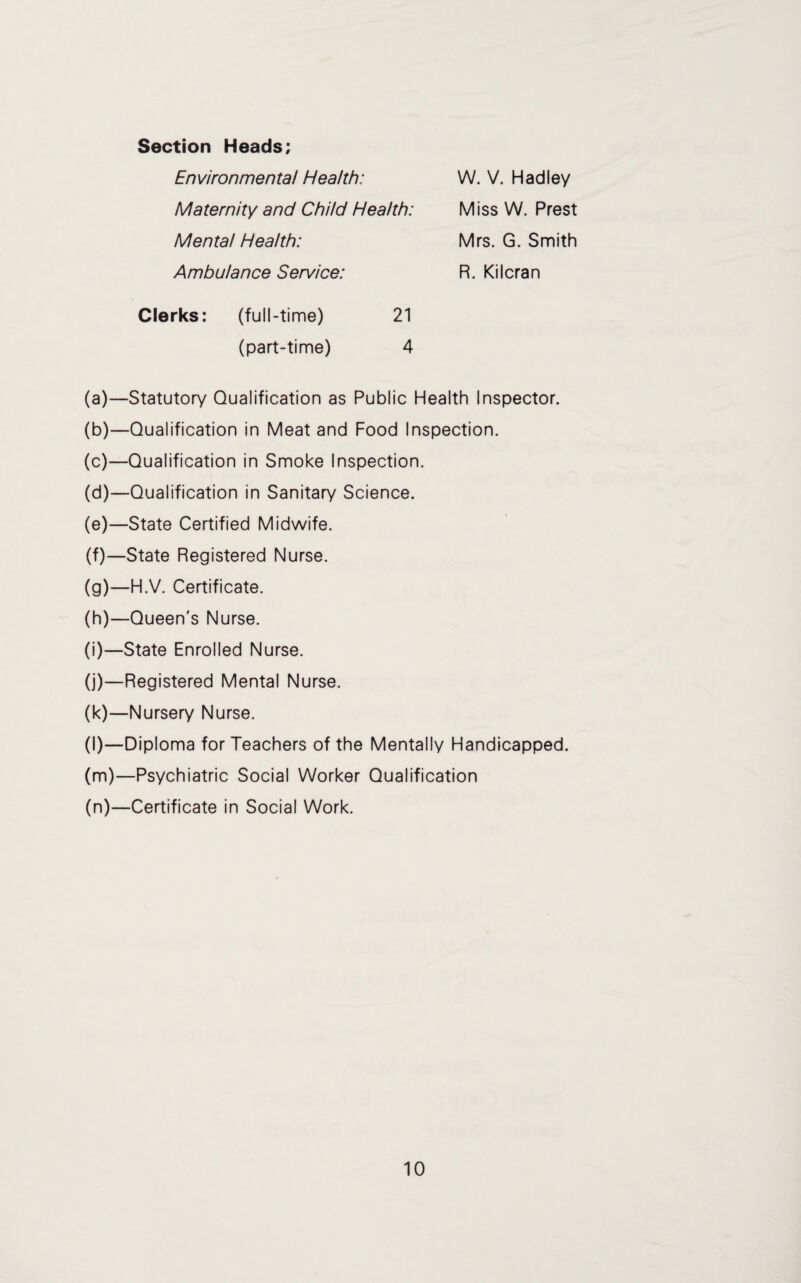 Section Heads; Environmental Health; Maternity and Child Health: Mental Health: Ambulance Service: W. V. Hadley Miss W. Prest Mrs. G. Smith R. Kilcran Clerks: (full-time) 21 (part-time) 4 (a) —Statutory Qualification as Public Health Inspector. (b) —Qualification in Meat and Food Inspection. (c) —Qualification in Smoke Inspection. (d) —Qualification in Sanitary Science. (e) —State Certified Midwife. (f) —State Registered Nurse. (g) —H.V. Certificate. (h) —Queen's Nurse. (i) —State Enrolled Nurse. (j) —Registered Mental Nurse. (k) —Nursery Nurse. (l) —Diploma for Teachers of the Mentally Handicapped. (m) —Psychiatric Social Worker Qualification (n) —Certificate in Social Work.