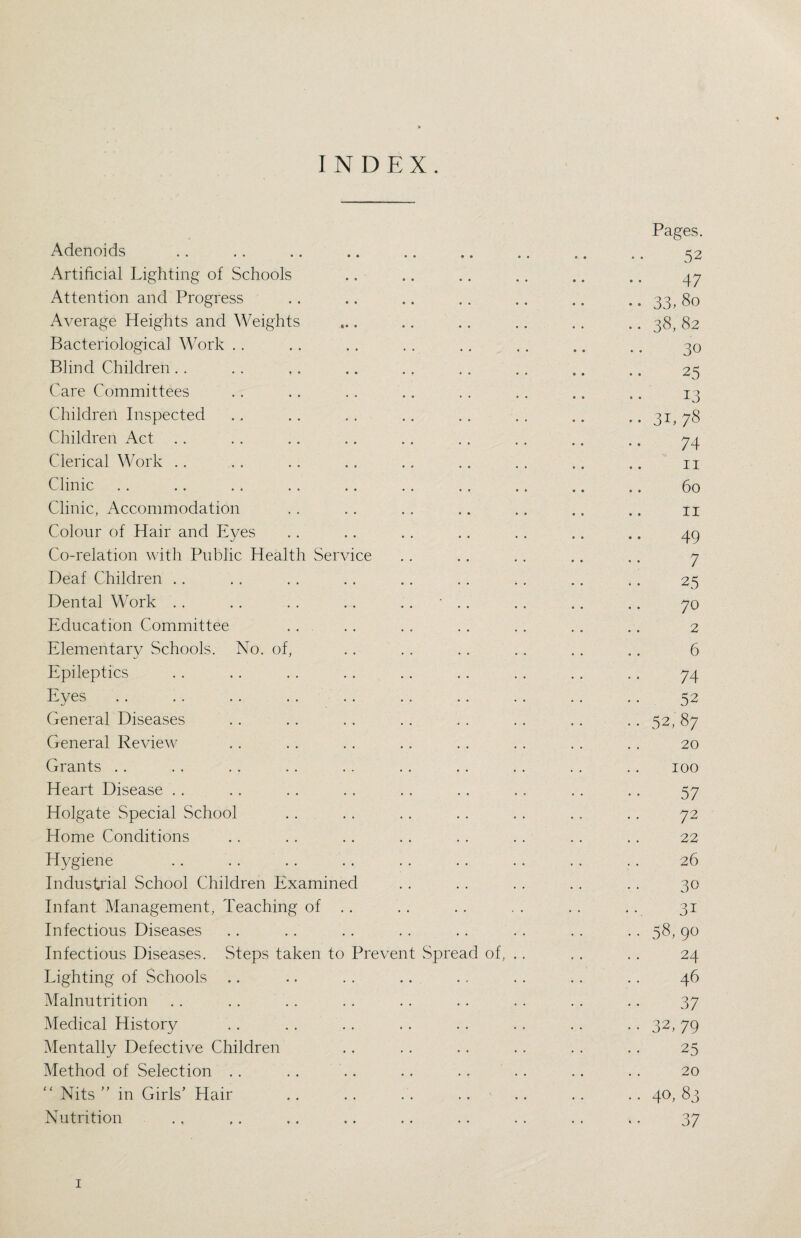 INDEX. Pages. Adenoids .. .. .. .. .. .. .. .. .. 52 Artificial Lighting of Schools .. .. .. .. .. .. 47 Attention and Progress .. .. .. .. .. .. .. 33,80 Average Heights and Weights ... .. .. .. .. .. 38, 82 Bacteriological Work . Blind Children . . Care Committees Children Inspected .. .. . . . . . . . . .. .. 31, 78 Children Act .. . . .. .. .. .. .. .. .. 74 Clerical Work .. 11 Clinic .. .. .. .. .. .. .. .. .. .. 60 Clinic, Accommodation .. .. .. .. .. .. .. u Colour of Hair and Eyes . . . . . . .. . . .. .. 49 Co-relation with Public Health Service . . .. . . .. .. 7 Deaf Children .. .. . . . . .. . . .. .. .. 25 Dental Work . . .. . . . . .. * .. . . .. .. 70 Education Committee . . . . . . .. . . . . .. 2 Elementary Schools. No. of, . . .. . . . . . . .. 6 Epileptics . . .. .. .. .. .. .. .. .. 74 Eyes. 52 General Diseases . . .. . . .. .. .. .. .. 52, 87 General Review . . . . . . .. . . . . . . . . 20 Grants .. . . . . .. .. .. .. . . .. .. 100 Heart Disease . . . . . . .. . . . . . . . . . . 57 Holgate Special School . . . . .. .. . . .. .. 72 Home Conditions .. .. .. .. .. .. .. .. 22 Hygiene .. . . . . . . . . .. . . . . . . 26 Industrial School Children Examined . . .. . . .. . . 30 Infant Management, Teaching of . . . . . . . . . . . . 31 Infectious Diseases .. .. .. .. .. .. .. . . 58, 90 Infectious Diseases. Steps taken to Prevent Spread of, .. .. .. 24 Lighting of Schools .. .. . . .. .. .. .. . . 46 Malnutrition . . .. . . . . . . .. . . . . .. 37 Medical History .. .. .. .. .. .. .. .. 32, 79 Mentally Defective Children .. .. .. .. .. .. 25 Method of Selection .. .. .. .. .. .. .. .. 20 Nits ” in Girls’ Hair .. .. . . .. .. .. .. 40, 83 Nutrition ., ,. .. .. ,. .. .. .. ,. 37