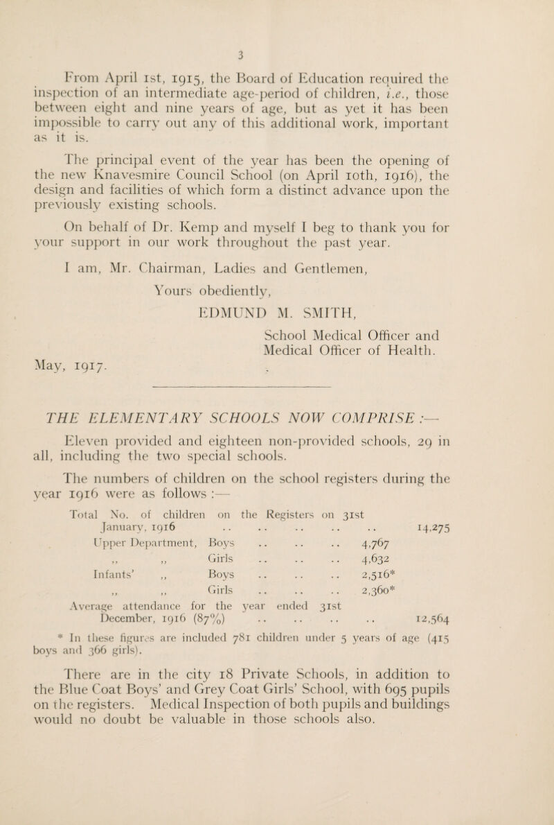 From April ist, 1915, the Board of Education required the inspection of an intermediate age-period of children, i.e., those between eight and nine years of age, but as yet it has been impossible to carry out any of this additional work, important as it is. The principal event of the year has been the opening of the new Knavesmire Council School (on April 10th, 1916), the design and facilities of which form a distinct advance upon the previously existing schools. On behalf of Dr. Kemp and myself I beg to thank you for your support in our work throughout the past year. I am, Mr. Chairman, Ladies and Gentlemen, Yours obediently, EDMUND M. SMITH, School Medical Officer and Medical Officer of Health. May, 1917. THE ELEMENTARY SCHOOLS NOW COMPIUSE : Eleven provided and eighteen non-provided schools, 29 in all, including the two special schools. The numbers of children on the school registers during the year 1916 were as follows Total No. of children on the Registers on 31st January, 1916 Upper Department, Boys 4,767 y y yy Girls 4,632 Infants’ ,, Boys 2,516* y y y > Girls 2,360* Average attendance for the year ended 31st December, 1916 (87%) .. U.275 12,564 * In these figures are included 781 children under 5 years of age (415 boys and 366 girls). There are in the city 18 Private Schools, in addition to the Blue Coat Boys’ and Grey Coat Girls’ School, with 695 pupils on the registers. Medical Inspection of both pupils and buildings would no doubt be valuable in those schools also.