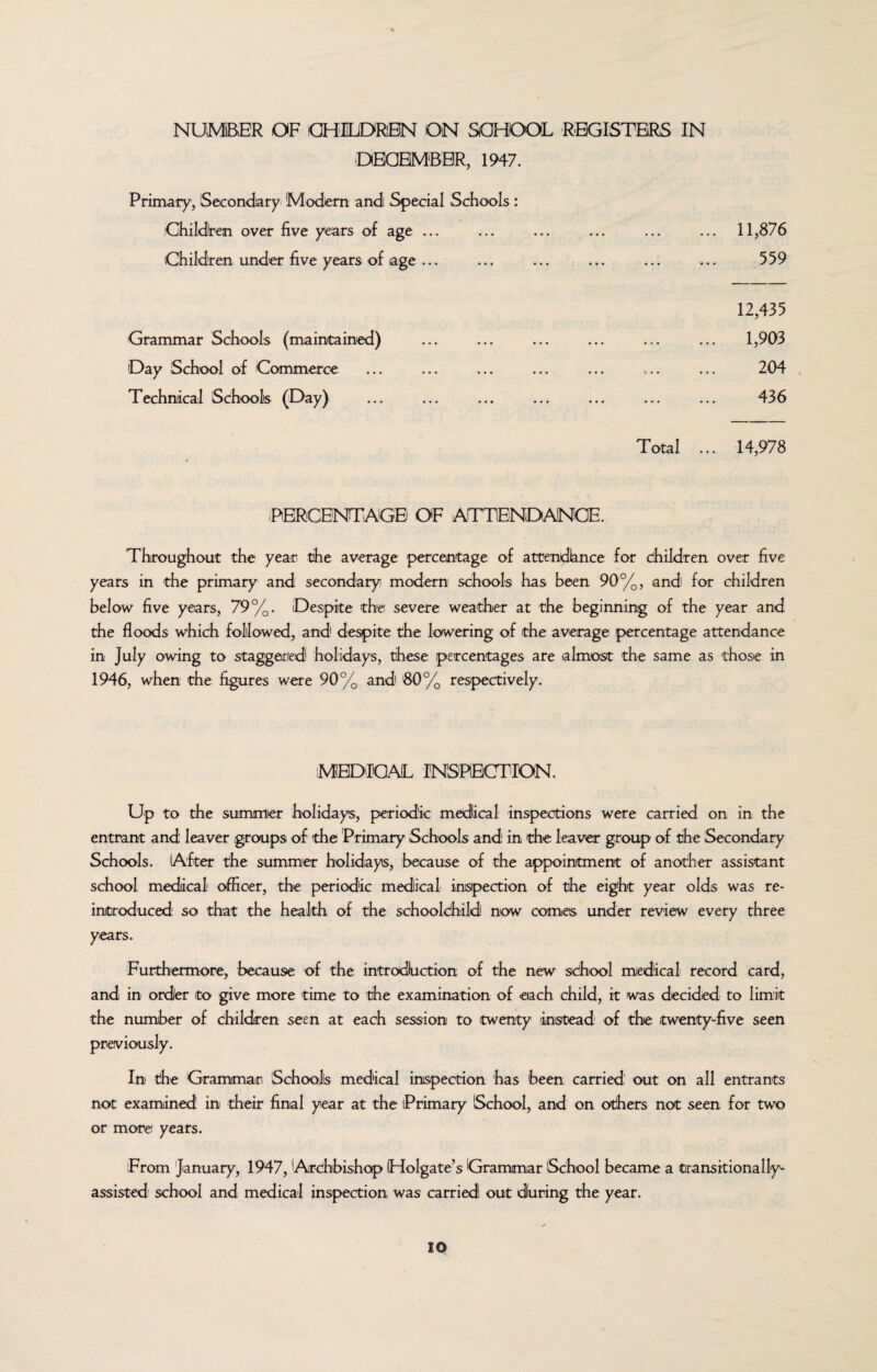 NUMBER OF CHILDREN ON SCHOOL REGISTERS IN DECEMBER, 1947. Primary', Secondary Modern and Special Schools: Children over five years of age ... Children under five years of age ... Grammar Schools (maintained) Day School of Commerce Technical Schools (Day) . 11,876 . 559 12,435 ... ... 1,903 .. 204 436 Total ... 14,978 PERCENTAGE OF ATTENDANCE. Throughout the year the average percentage of attendlance for children over five years in the primary and secondary modern schools has been 90%, and for children below five years, 79%. Despite the severe weather at the beginning of the year and the floods which followed, and despite the lowering of the average percentage attendance in July owing to staggered holidays, these percentages are almost the same as those in 1946, when the figures were 90% and 80% respectively. MEDICAL INSPECTION. Up to the summer holidays, periodic medical inspections were carried on in the entrant and leaver groups of the Primary Schools and in the leaver group of the Secondary Schools. After the summer holidays, because of the appointment of another assistant school medical officer, the periodic medical inspection of the eight year olds was re¬ introduced so that the health of the schoolchild now comes under review every three years. Furthermore, because of the introdbction of the new school medical record card, and in order to give more time to the examination of each child, it was decided to limit the number of children seen at each session to twenty instead of the twenty-five seen previously. In the Grammar Schools medical inspection has been carried out on all entrants not examined in their final year at the Primary School, and on others not seen for two or more years. From 'January, 1947, 'Archbishop (Holgate’s Grammar School became a transitionally- assisted school and medical inspection was carried out during the year. IO