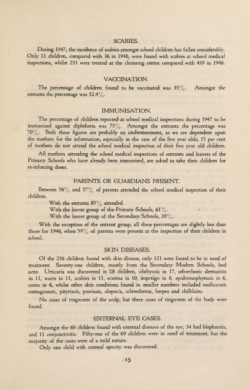 SCABIES. During 1947, the incidence of scabies amongst school children has fallen considerably. Only 11 children, compared with 36 in 1946, were foundi with scabies at school medical inspections, whilst 231 were treated at the cleansing centre compared with 439 in 1946. VACCINATION. The percentage of children found! to 'be vaccinated was 33%. Amongst the entrants the percentage was 32.4%. IMMUNISATION. The percentage of children reported1 at school medical inspections during 1947 to be immunised against diphtheria was 73%. Amongst the entrants the percentage was 70%. Both these figures are probably an understatement, as we are dependent upon the mothers for the information, especially in the case of the five year olds; 15 per cent of mothers do not attend the school medical inspection of their five year old children. All mothers attending the school medical inspections of entrants and leavers of the Primary Schools who have already been immunised, are asked1 to take their children for re-inforcing doses. 4 ‘PARENTS OR GUARDIANS PRESENT. Between 56% and 57% of parents attended the school medical inspection of their children. With the entrants 85% attended. With the leaver group of the Primary Schools, 61%. With the leaver group of the Secondary Schools, 20%. With the exception of the entrant group, all these percentages, are slightly, less than those for 1946, when 59% of parents were present at the inspection of their children in school. SKIN DISEASES. Of the 236 children found with skin disease, only 121 were found to be in need of treatment. Seventy-one children, mostly from the Secondary Modern Schools, had acne. Urticaria was discovered in !28 children, ichthyosis in 17, seborrhoeic dermatitis in 11, warts in 11, scabies in 11, eczema in 10, impetigo in 8, epidermophytosis in 6, corns in 6, whilst other skin conditions found in smaller numbers included molluscum contagiosum, pityriasis, psoriasis, alopecia, scleroderma, herpes and chilblains. No cases of ringworm of the scalp, but three cases of ringworm of the body were found. (EXTERNAL EYE GASES. Amongst the 69 children found with external diseases of the eye, 34 had blepharitis, and 11 conjunctivitis. 'Fifty-one of the 69 children were in need of treatment, but the majority of the cases were of a mild nature. Only one child with corneal opacity was discovered. i5