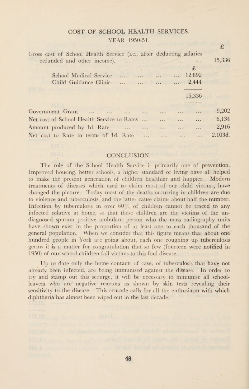 COST OF SCHOOL HEALTH SERVICES. YEAR 1950-51. Gross cost of School Health Service (i.e., after deducting salaries refunded and other income). £ School Medical Service ... ... ... ... 12,892 Child Guidance Clinic ... ... ... ... 2,444 £ 15,336 15,336 Government Grant Net cost of School Health Service to Rates Amount produced by Id. Rate Net cost to Rate in terms of Id. Rate 9,202 6,134 2,916 2.103d. CONCLUSION. % The role of the School Health Service is primarily one of prevention. Improved housing, better schools, a higher standard of living have all helped to make the present generation of children healthier and happier. Modern treatments of diseases which used to claim most of our child victims, have changed the picture. Today most of the deaths occurring in children are due to violence and tuberculosis, and the latter cause claims about half the number. Infection by tuberculosis in over 60% of children cannot be traced to any infected relative at home, so that these children are the victims of the un¬ diagnosed sputum positive ambulant person who the mass radiography units have shown exist in the proportion of at least one to each thousand of the general population. When we consider that this figure means that about one hundred people in York are going about, each one coughing up tuberculosis germs it is a matter for congratulation that so few (fourteen were notified in 1950) of our school children fall victims to this foul disease. Up to date only the home contacts of cases of tuberculosis that have not already been infected, are being immunised against the disease. In order to try and stamp out this scourge, it will be necessary to immunise all school- leavers who are negative reactors as shown by skin tests revealing their sensitivity to the disease. This crusade calls for all the enthusiasm with which diphtheria has almost been wiped out in the last decade.