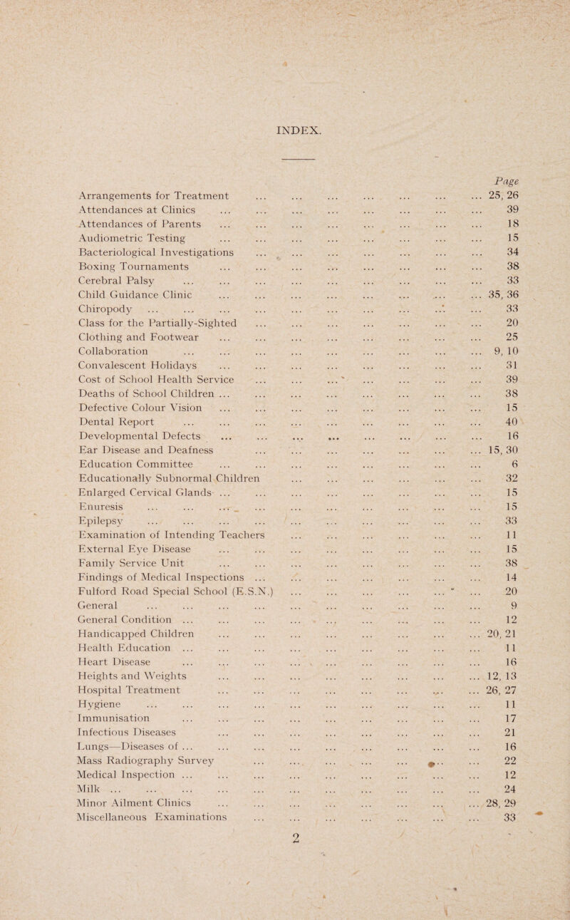 INDEX. Page Arrangements for Treatment ... ... ... ... ... ... ... 25,26 Attendances at Clinics ... ... ... ... ... ... ... ... 39 Attendances of Parents ... ... ... ... ... ... ... ... 18 Audiometric Testing ... ... ... ... ... ... ... ... 15 Bacteriological Investigations ••• ••• ••• ••• ••• ••• ••• 34 Boxing Tournaments ... ... ... ... ... ... ... ... 38 Cerebral Palsy ... ... ... ... ... ... ... ... ... 33 Child Guidance Clinic ... ... ... ... ... ... .... ... 35,36 Chiropody ... ... ... ... ... ... ... ... ... 33 Class for the Partially-Sighted ... ... ... ... ... ... ... 20 Clothing and Footwear ... ... ... ... ... ... ... ... 25 Collaboration ... ... ... ... ... ... ... ... ... 9, 10 Convalescent Holidavs ... ... ... ... ... ... ... ... 31 j Cost of School Health Service ... ... ...' ... ... ... ... 39 Deaths of School Children ... ... ... ... ... ... ... ... 38 Defective Colour Vision ... ... ... ... ... ... ... ... 15 Dental Report ... ... ... ... ... ... ... ... ... 40 Developmental Defects ... ... ... ... ... ... ... ... 16 Ear Disease and Deafness ... ... ... ... ... ... ... 15, 30 Education Committee ... ... ... ... ... ... ... ... 6 Educationally Subnormal Children ... ... ... ... ... ... 32 Enlarged Cervical Glands ... ... ... ... ... ... ... ... 15 Enuresis ... ... ... ... ... ... ... ... ... ... 15 Epilepsy ... ... ... ... ... ... ... ... ... ... 33 Examination of Intending Teachers ... ... ... ... ... ... 11 External Eye Disease ... ... ... ... ... ... ... ... 15 Family Service Unit ... ... ... ... ... ... ... ... 38 Findings of Medical Inspections ... ... ... ... ... ... ... 14 Fulford Road Special School (E.S.N.) ... ... ... ... ... “ ... 20 General ... ... ... ... ... ... ... ... ... ... 9 General Condition ... ... ... ... ... ... ... ... ... 12 Handicapped Children ... ... ... ... ... ... ... ... 20, 21 Health Education ... ... ... ... ... ... ... ... ... 11 Heart Disease ... ... ... ... ... ... ... ... ... 16 Heights and Weights ... ... ... ... ... ... ... ... 12,13 Hospital Treatment ... ... ... ... ... ... ... ... 26,27 Hygiene ... ... ... ... ... ... ... ... ... ... 11 Immunisation ... ... ... ... ... ... ... ... ... 17 Infectious Diseases ... ... ... ... ... ... ... ... 21 Lungs—Diseases of ... ... ... ... ... ... ... ... ... 16 Mass Radiography Survey ... ... ... ... ... 9.. ... 22 Medical Inspection ... ... ... ... ... ... ... ... ... 12 Milk. 24 Minor Ailment Clinics ... ... ... ... ... ... ... ... 28,29 Miscellaneous Examinations ... ... ... ... ... ... ... 33 2 ✓ / * 1
