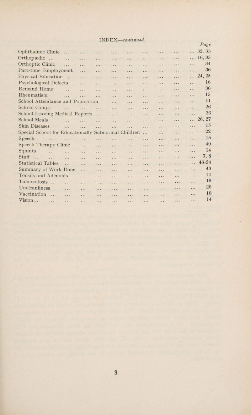 INDEX—continued. Page Ophthalmic Clinic ... ... ... ... ... ... ... ••• ••• 32, 33 Orthopaedic ... ... ... ... ... ... ... ... ••• ... 16, 35 Orthoptic Clinic ... ... ... ... ... ... ... ••• ••• 34 Part-time Employment ... ... ... ... ... ... ... ••• 36 Physical Education ... ... ... ... ... ... ... ••• ••• 24,25 Psychological Defects ... ... ... ... ... ... ••• ••• 13 Remand Home ... ... ... ... ... ... ... ••• ••• 36 Rheumatism ... ... ... ... ... ... ... ... ••• 15 School Attendance and Population ... ... ... ... ... ••• 11 School Camps ... ... ... ... ... ... ... ••• ••• 26 School-Leaving Medical Reports ... ... ... ... ... ••• ••• 36 School Meals ... ... ... ... ... ... ... ... ••• 26, 27 Skin Diseases ... ... ... ... ... ... ... ••• ••• 15 Special School for Educationally Subnormal Children ... ... ... ••• 22 Speech ... ... ... ... ... ... ... ... ... ••• 15 Speech Therapy Clinic ... ... ... ... ... ... ••• ••• 40 Squints ... ... ... ... ... ... ... ... ... ••• 14 Staff. 7, 8 Statistical Tables ... ... ... ... ... ... ... ••• ••• 46-54 Summary of Work Done ... ... ... ... ... ... ••• ••• 43 Tonsils and Adenoids ... ... ... ... ... ... ••• ••• 14 Tuberculosis ... ... ... ... ... ... ... ... ••• ••• 13 Uncleanliness ... ... ... ... ... ... ... ••• ••• 20 Vaccination ... ... ... ... ... ... ... ... ••• ••• 13 Vision... ... ... ... ... ... ... ... ... ... ... 14