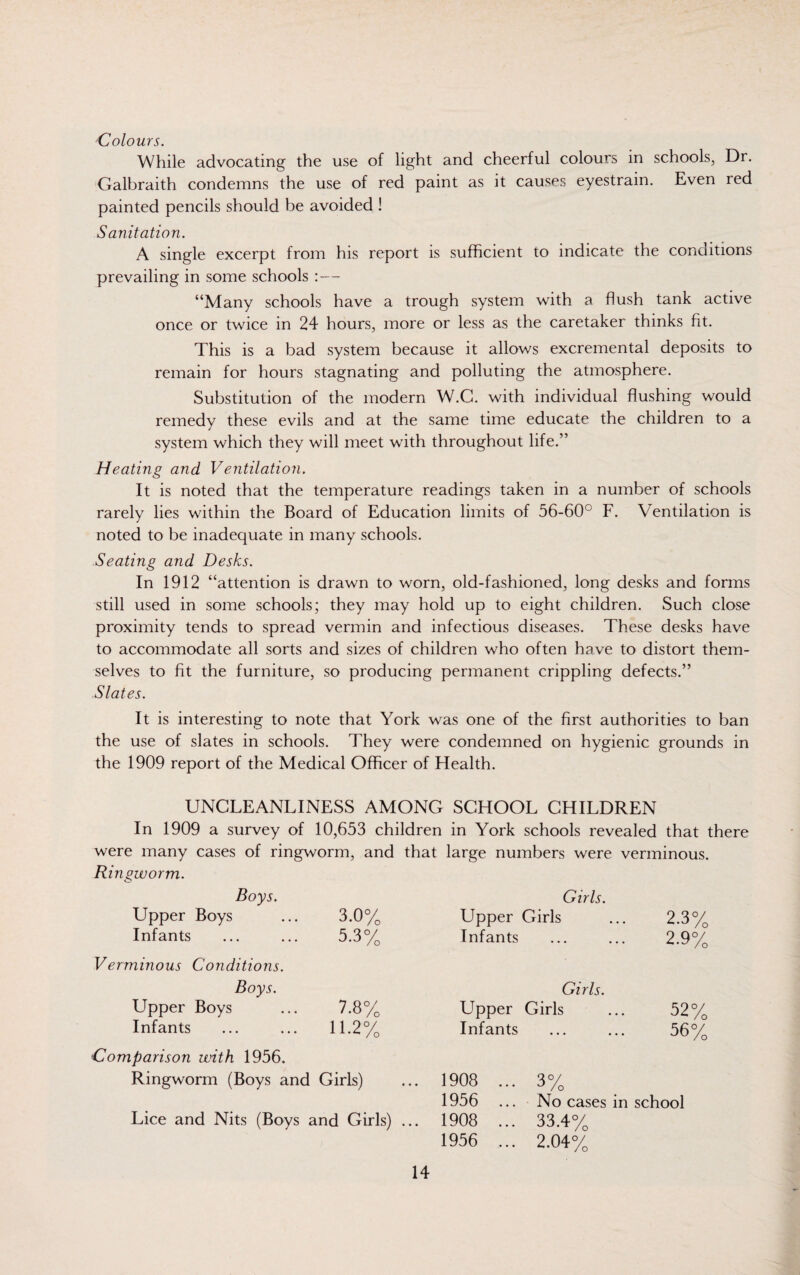 Colours. While advocating the use of light and cheerful colours in schools, Dr. Galbraith condemns the use of red paint as it causes eyestrain. Even red painted pencils should be avoided ! Sanitation. A single excerpt from his report is sufficient to indicate the conditions prevailing in some schools :— “Many schools have a trough system with a flush tank active once or twice in 24 hours, more or less as the caretaker thinks fit. This is a bad system because it allows excremental deposits to remain for hours stagnating and polluting the atmosphere. Substitution of the modern W.C. with individual flushing would remedy these evils and at the same time educate the children to a system which they will meet with throughout life.” Heating and Ventilation. It is noted that the temperature readings taken in a number of schools rarely lies within the Board of Education limits of 56-60° F. Ventilation is noted to be inadequate in many schools. Seating and Desks. In 1912 “attention is drawn to worn, old-fashioned, long desks and forms still used in some schools; they may hold up to eight children. Such close proximity tends to spread vermin and infectious diseases. These desks have to accommodate all sorts and sizes of children who often have to distort them¬ selves to fit the furniture, so producing permanent crippling defects.” Slates. It is interesting to note that York was one of the first authorities to ban the use of slates in schools. They were condemned on hygienic grounds in the 1909 report of the Medical Officer of Health. UNCLEANLINESS AMONG SCHOOL CHILDREN In 1909 a survey of 10,653 children in York schools revealed that there were many cases of ringworm, and that large numbers were verminous. Ringworm. Boys. Girls. Upper Boys 3.0% Upper Girls 2.3% Infants 5.3% Infants 2.9% Verminous Conditions. Boys. Upper Boys 7-8% Girls. Upper Girls 52% Infants 11.2% Infants 56% Comparison with 1956. Ringworm (Boys and Girls) 1908 ... 3% 1956 ... No cases in school Lice and Nits (Boys and Girls) ... 1908 ... 33.4% 1956 ... 2.04%