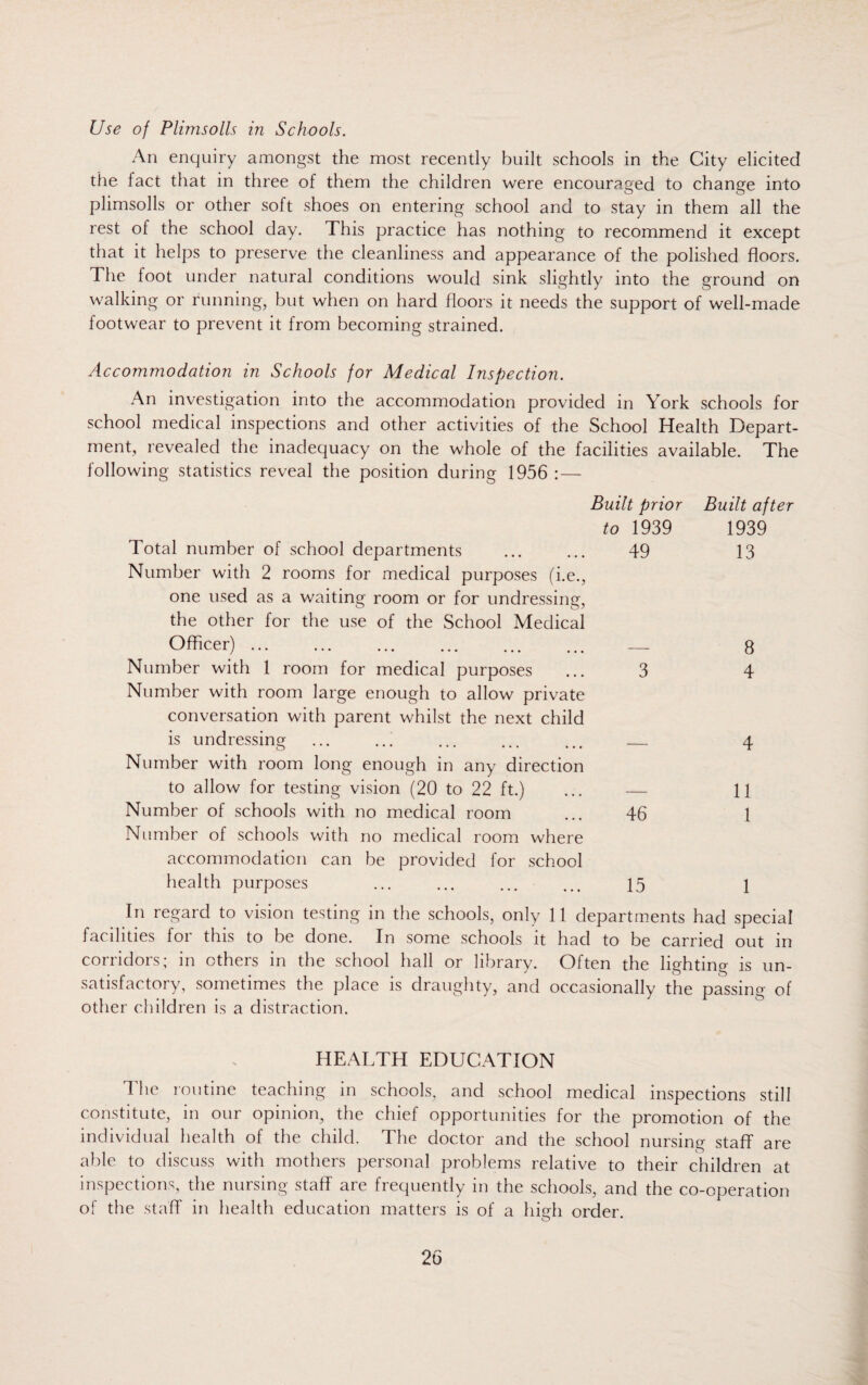 Use of Plimsolls in Schools. An enquiry amongst the most recently built schools in the City elicited the fact that in three of them the children were encouraged to change into plimsolls or other soft shoes on entering school and to stay in them all the rest of the school day. This practice has nothing to recommend it except that it helps to preserve the cleanliness and appearance of the polished floors. The foot under natural conditions would sink slightly into the ground on walking or running, but when on hard floors it needs the support of well-made footwear to prevent it from becoming strained. Accommodation in Schools for Medical Inspection. An investigation into the accommodation provided in York schools for school medical inspections and other activities of the School Health Depart¬ ment, revealed the inadequacy on the whole of the facilities available. The following statistics reveal the position during 1956 : — Built prior to 1939 Total number of school departments ... ... 49 Number with 2 rooms for medical purposes (i.e., one used as a waiting room or for undressing, the other for the use of the School Medical Officer). — Number with 1 room for medical purposes ... 3 Number with room large enough to allow private conversation with parent whilst the next child is undressing ... ... ... ... ... _ Number with room long enough in any direction to allow for testing vision (20 to 22 ft.) ... — Number of schools with no medical room ... 46 Number of schools with no medical room where accommodation can be provided for school health purposes ... ... ... ... 15 Built after 1939 13 8 4 4 11 1 1 In regard to vision testing in the schools, only 11 departments had special facilities for this to be done. In some schools it had to be carried out in corridors; in others in the school hall or library. Often the lighting is un¬ satisfactory, sometimes the place is draughty, and occasionally the passing of other children is a distraction. HEALTH EDUCATION The routine teaching in schools, and school medical inspections still constitute, in our opinion, the chief opportunities for the promotion of the individual health of the child. The doctor and the school nursing staff are able to discuss with mothers personal problems relative to their children at inspections, the nursing staff are frequently in the schools, and the co-operation of the staff in health education matters is of a high order.