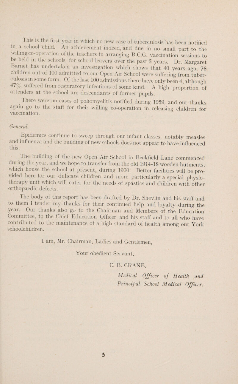 I his is the first year in which no new case of tuberculosis has been notified in a school child. An achievement indeed, and due in no small part to the willing co-operation of the teachers in arranging B.C.G. vaccination sessions to be held in the schools, for school leavers over the past 5 years. Dr. Margaret Barnet has undertaken an investigation which shows that 40 years ago, 76 children out of 100 admitted to our Open Air School were suffering from tuber¬ culosis in some form. Of the last 100 admissions there have only been 4, although ^ /o suffeied fiom respiratory infections of some kind. A high proportion of attenders at the school are descendants of former pupils. lh(;it v eit no cases oi poliomyelitis notified during 1959, and our thanks again go to the staff for their willing co-operation in. releasing children for vaccination. General Epidemics continue to sweep through our infant classes, notably measles and influenza and the building of new schools does not appear to have influenced this. 1 he building of the new Open Air School in Beckfield Lane commenced during the year, and we hope to tiansfer from the old 1914-18 wooden hutments which house the school at present, during 1960. Better facilities will be pro¬ vided here for our delicate children and more particularly a special physio¬ therapy unit which will cater for the needs of spastics and children with other orthopaedic defects. The body of this report has been drafted by Dr. Shevlin and his staff and to them I tendei my thanks for their continued help and loyalty during the year. Our thanks also go to the Chairman and Members of the Education Committee, to the Chief Education Officer and his staff and to all who have contributed to the maintenance of a high standard of health among our York schoolchildren. I am, Mr. Chairman, Ladies and Gentlemen, Your obedient Servant, C. B. CRANE, Medical Officer of Health and Principal School Medical Officer.