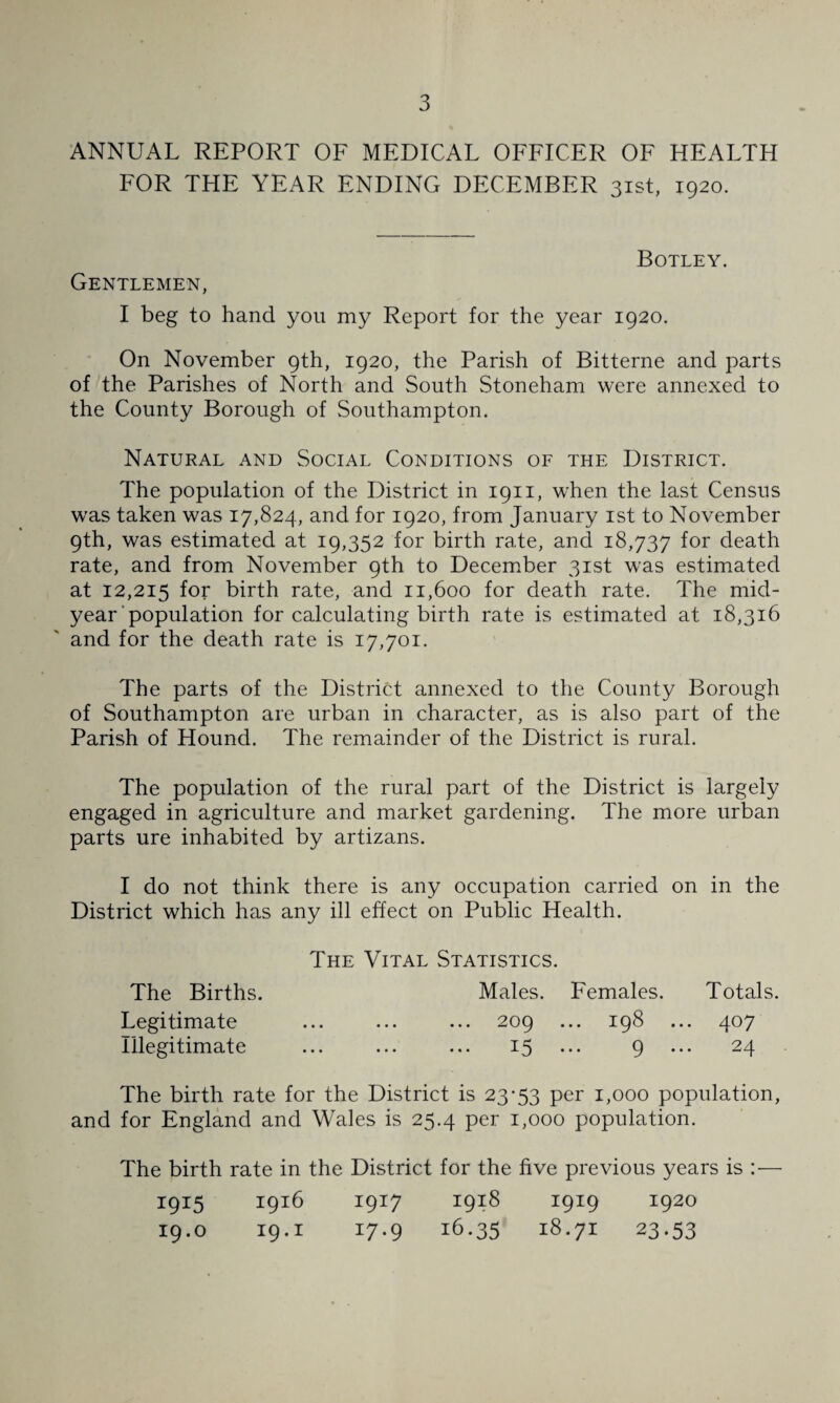 ANNUAL REPORT OF MEDICAL OFFICER OF HEALTH FOR THE YEAR ENDING DECEMBER 31st, 1920. Gentlemen, Botley. I beg to hand you my Report for the year 1920. On November 9th, 1920, the Parish of Bitterne and parts of the Parishes of North and South Stoneham were annexed to the County Borough of Southampton. Natural and Social Conditions of the District. The population of the District in 1911, when the last Census w'as taken was 17,824, and for 1920, from January ist to November 9th, was estimated at 19,352 for birth rate, and 18,737 for death rate, and from November 9th to Decemxber 31st was estimated at 12,215 for birth rate, and 11,600 for death rate. The mid¬ year‘population for calculating birth rate is estimated at 18,316 and for the death rate is 17,701. The parts of the District annexed to the County Borough of Southampton are urban in character, as is also part of the Parish of Hound. The remainder of the District is rural. The population of the rural part of the District is largely engaged in agriculture and market gardening. The more urban parts ure inhabited by artizans. I do not think there is any occupation carried on in the District which has any ill effect on Public Health. The Vital Statistics. The Births. Males. Females. Totals. Legitimate ... ... ... 209 ... 198 ... 407 Illegitimate ... ... ... 15 ••• 9 ••• 24 The birth rate for the District is 23*53 per 1,000 population, and for England and Wales is 25.4 per 1,000 population. The birth rate in the District for the five previous years is :— 1915 1916 1917 1918 1919 1920 19.0 19.I 17.9 16.35 18-71 23.53