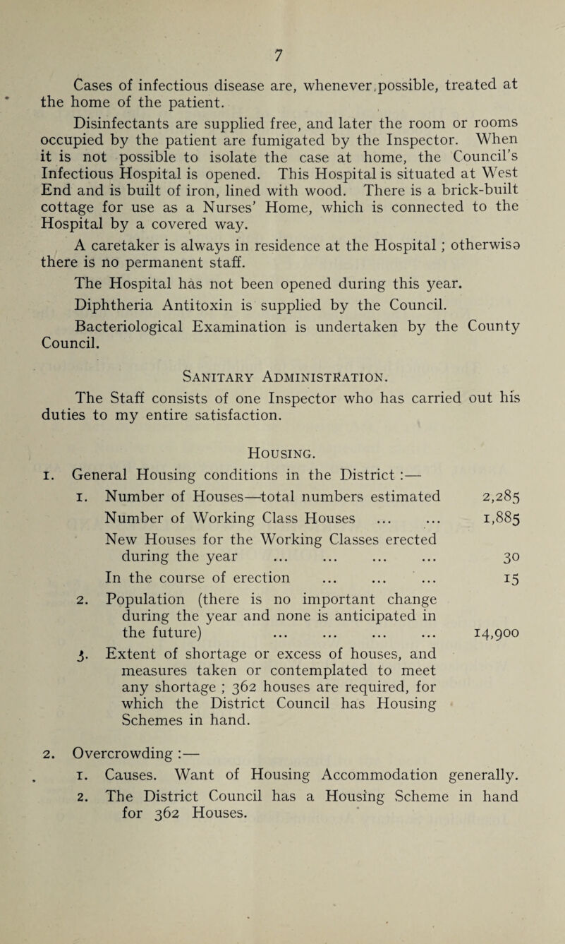 Cases of infectious disease are, whenever,possible, treated at the home of the patient. Disinfectants are supplied free, and later the room or rooms occupied by the patient are fumigated by the Inspector. When it is not possible to isolate the case at home, the Council’s Infectious Hospital is opened. This Hospital is situated at West End and is built of iron, lined with wood. There is a brick-built cottage for use as a Nurses’ Home, which is connected to the Hospital by a covered way. A caretaker is always in residence at the Hospital; otherwiso there is no permanent staff. The Hospital has not been opened during this year. Diphtheria Antitoxin is supplied by the Council. Bacteriological Examination is undertaken by the County Council. Sanitary Administration. The Staff consists of one Inspector who has carried out his duties to my entire satisfaction. Housing. 1. General Housing conditions in the District : — 1. Number of Houses—^total numbers estimated 2,285 Number of Working Class Houses ... ... 1,885 New Houses for the Working Classes erected during the year ... ... ... ... 30 In the course of erection ... ... ... 15 2. Population (there is no important change during the year and none is anticipated in the future) ... ... ... ... 14,900 3. Extent of shortage or excess of houses, and measures taken or contemplated to meet any shortage ; 362 houses are required, for which the District Council has Housing Schemes in hand. 2. Overcrowding :— T. Causes. Want of Housing Accommodation generally. 2. The District Council has a Housing Scheme in hand for 362 Houses.