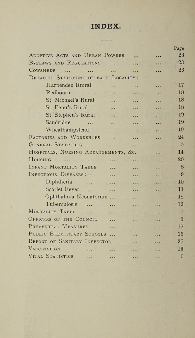 INDEX. Page Adoptive Acts and Urban Powers ... ... 23 Byelaws and Regulations ... ... ... 23 Cowsheds ... ... ... ... ... 23 Detailed Statement of each Locality :—■ Harpenden Rmral ... ... ... 17 Redbourn ... ... ... .. 18 St. Michael’s Rural ... ... ... 18 St. Peter’s Rural ... ... ... 18 St Stephen’s Rural ... ... ... 19 Sandrid^e ... ... ... ... 19 Wheathampstead .. . . ... 19 Factories and Workshops ... ... ... 24 General Statistics ... ... ... ... 5 Hospitals, Nursing Arrangements, &c. ... 14 Housing ... ... ... ... ... 20 Infant Mortality Table ... ... ... 8 Infectious Diseases:— ... ... ... 9 Diphtheria ... ... ... ... 10 Scarlet Fever ... ... ... ... 11 Ophthalmia Neonatorum ... ... ... 12 Tuberculosis ... ... ... ... 12 Mortality Table ... ... ... ... 7 Officers of the Council ... ... ... 3 Preventive Measures ... ... ... 12 Public Elementary Schools ... ... 16 Report of Sanitary Inspector ... ... 26 Vaccination ... ... ... ... ... 13
