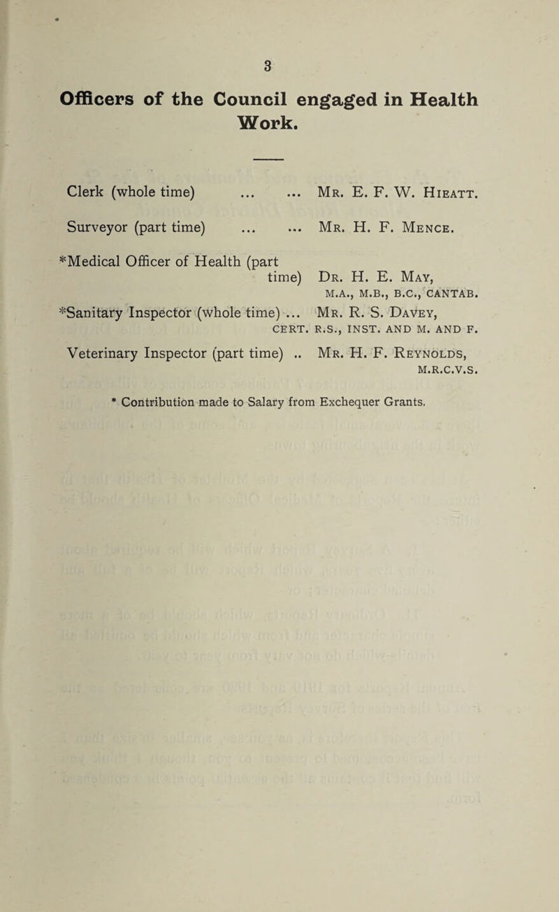 Officers of the Council engaged in Health Work. Clerk (whole time) . Mr. E. F. W. Hieatt. Surveyor (part time) . Mr. H. F. Mence. ^Medical Officer of Health (part time) Dr. H. E. May, M.A., M.B., B.C., CANTAB. ^Sanitary Inspector (whole time)%.. Mr. R. S. Davey, CERT. R.S., INST. AND M. AND F. Veterinary Inspector (part time) .. Mr. H. F. Reynolds, M.R.C.V.S. * Contribution made to Salary from Exchequer Grants.