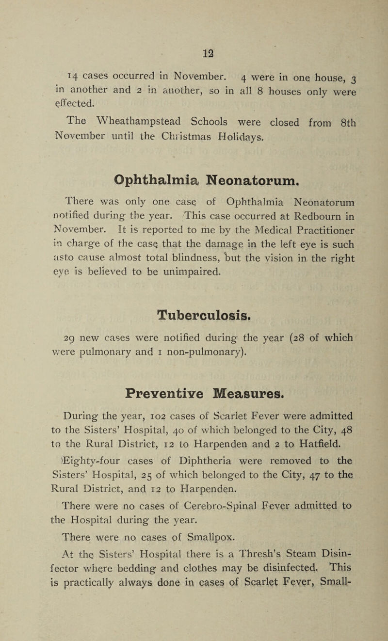14 cases occurred in November. 4 were in one house, 3 in another and 2 in another, so in all 8 houses only were effected. The Wheathampstead Schools were closed from 8th November until the Christmas Holidays. Ophthalmia Neonatorum. There was only one case of Ophthalmia Neonatorum notified during- the year. This case occurred at Redbourn in November. It is reported to me by the Medical Practitioner in charg-e of the case that the damage in the left eye is such asto cause almost total blindness, hut the vision in the right eye is believed to be unimpaired. Tuberculosis. 2g new cases were notified during the year (28 of which were pulmonary and i non-pulmonary). PreYentive Measures. During the year, 102 cases of Scarlet Fever were admitted to the Sisters’ Hospital, 40 of which belonged to the City, 48 to the Rural District, 12 to Harpenden and 2 to Hatfield. lEighty-four cases of Diphtheria were removed to the Sisters’ Hospital, 25 of which belonged to the City, 47 to the Rural District, and 12 to Harpenden. There were no cases of Cerebro-Spinal Fever admitted to the Hospital during the year. There were no cases of Smallpox. At the Sisters’ Hospital there is a Thresh’s Steam Disin¬ fector where bedding and clothes may be disinfected. This is practically always done in cases of Scarlet Fever, Small-
