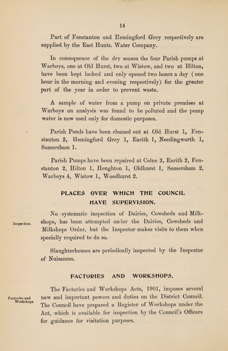 Inspection. Factories and Workshops. Part of Fenstanton and Eemingford Grey respectively are supplied by the East Hunts. Water Company. In consequence of the dry season the four Parish pumps at Warboys, one at Old Hurst, two at Wistow, and two at Hilton, have been kept locked and only opened two hours a day ( one hour in the morning and evening respectively) for the greater part of the year in order to prevent waste. A sample of water from a pump on private premises at Warboys on analysis was found to be polluted and the pump water is now used only for domestic purposes. Parish Ponds have been cleaned out at Old Hurst 1, Fen¬ stanton 2, Hemingford Grey 1, Earith 1, Heedingworth 1, Somersham 1. Parish Pumps have been repaired at Colne 2, Earith 2, Fen¬ stanton 2, Hilton 1, Houghton 1, Oldhurst 1, Somersham 2, Warboys 4, Wistow 1, Woodhurst 2. PLACES OVER WHICH THE COUNCIL HAVE SUPERVISION. No systematic inspection of Dairies, Cowsheds and Milk- shops, has been attempted under the Dairies, Cowsheds and Milkshops Order, but the Inspector makes visits to them when specially required to do so. Slaughterhouses are periodically inspected by the Inspector of Nuisances. FACTORIES AND WORKSHOPS. The Factories and Workshops Acts, 1901, imposes several new and important powers and duties on the District Council. The Council have prepared a Register of Workshops under the Act, which is available for inspection by the Council’s Officers for guidance for visitation purposes.