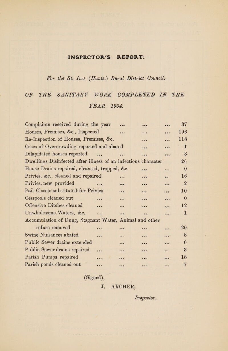 INSPECTOR'S REPORT. For the St. Ives (^Hunts.) Rural District Council. OF THE SANITARY WORK COMPLETED IN THE YEAR 1904. Complaints received during the year • • • • • • 37 Houses, Premises, &c., Inspected • • • • • 196 Re-Inspection of Houses, Premises, &c. • • • • • • 118 Cases of Overcrowding reported and abated • • • • • • 1 Dilapidated houses reported • • • ••• 3 Dwellings Disinfected after illness of an infectious character 26 House Drains repaired, cleansed, trapped, &c. • • • • • • 0 Privies, &c., cleaned and repaired • • • • • 16 Privies, new provided • • • • • • 2 Pail Closets substituted for Privies • • • • » • 10 Cesspools cleaned out • • • • • t 0 Offensive Ditches cleaned • • • • • 12 Unwholesome Waters, &c. • • • • • 1 Accumulation of Dung, Stagnant Water, Animal and other refuse removed 20 Swine Nuisances abated • • • • • • 8 Public Sewer drains extended • • • • «.« 0 Public Sewer drains repaired • • • • • 3 Parish Pumps repaired * • • • • • 18 Parish ponds cleaned out • • • • « • 7 (Signed), J. ARCHER, Inspector.