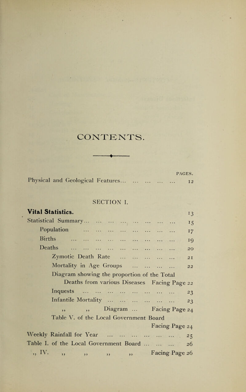 CONTENTS. ♦ PAGES. Physical and Geological Features. SECTION I. Vital Statistics. Statistical Summary. Population . Births . Deaths . Zymotic Death Rate . Mortality in Age Groups . Diagram showing the proportion of the Total Deaths from various Diseases Facing Page 22 Inquests . 23 Infantile Mortality . 23 ,, ,, Diagram ... Facing Page 24 Table Y. of the Local Government Board Facing Page 24 Weekly Rainfall for Year . 25 Table I. of the Local Government Board. 26 ,, IV. ,, ,, ,, ,, Facing Page 26 12 13 *5 19 20 21 22