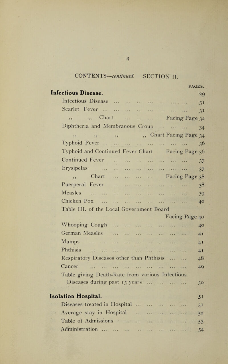 R CONTENTS—continued. SECTION II. PAGES. Infectious Disease, 29 Infectious Disease . ^ Scarlet Fever . »> >, Chart . Facing Page 32 Diphtheria and Membranous Croup . 34 >> 77 17 ,, Chart Facing Page 34 Typhoid Fever. 36 Typhoid and Continued Fever Chart Facing Page 36 Continued Fever . 37 Erysipelas . 37 ,, Chart . Facing Page 38 Puerperal Fever . 38 Measles . 39 Chicken Pox . 40 Table III. of the Local Government Board Facing Page 40 Whooping Cough . 40 German Measles . 41 Mumps . 41 Phthisis . 41 Respiratory Diseases other than Phthisis . 48 Cancer . 49 Table giving Death-Rate from various Infectious Diseases during past 15 years . 50 Isolation Hospital. 51 Diseases treated in Hospital. 51 ■ Average stay in Hospital . 52 Table of Admissions . 53 Administration. 54