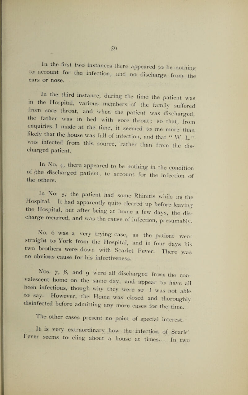 In the first two instances there appeared to be nothing lo aCOOUnt fo,r the infection, and no discharge from the ears or nose. In the third instance, during the time the patient was in the Hospital, various members of the family suffered from sore throat, and when the patient was discharged, tlx father was in bed with sore throat; so that, from enquiries I made at the time, it seemed toi me more than likely that the house was full of infection, and that “ W. L ” was infected from this source, rather than from the dis¬ charged patient. In No, 4, there appeared to he nothing in the condition °'i ('the discharged! patient, to account for the infection of the others. In N(X 5> the patient had some Rhinitis while in. the Hospital. It had apparently quite cleared up before leaving the Hospital, but after being at home a few days, the dis¬ charge recurred, and was the cause of infection, presumably. No. 6 was a very trying case, as thei patient went straight to \ ork from the Hospital, and in four days, his two brothers were down with Scarlet Fever. There was no obvious cause for his infectiveness. NblS’- 8> an,d 9 werel all discharged from, the con¬ valescent home on the same day, and appear to have all been infectious, though why they were so I was not able to say. However, the Home was closed and thoroughly disinfected before admitting any more cases for the, time. The other cases present no. point: of special interest. It is very extraordinary how the infection, of Scarlet bever seems to cling about a house at times. In. two