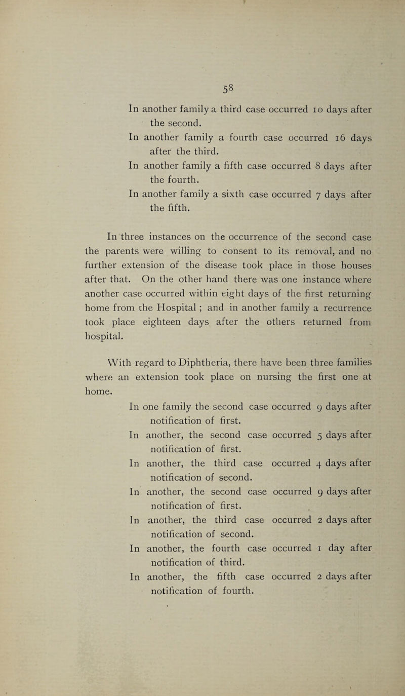 In another family a third case occurred io days after the second. In another family a fourth case occurred 16 days after the third. In another family a fifth case occurred 8 days after the fourth. In another family a sixth case occurred 7 days after the fifth. In three instances on the occurrence of the second case the parents were willing to consent to its removal, and no further extension of the disease took place in those houses after that. On the other hand there was one instance where another case occurred within eight days of the first returning home from the Hospital ; and in another family a recurrence took place eighteen days after the others returned from hospital. With regard to Diphtheria, there have been three families where an extension took place on nursing the first one at home. In one family the second case occurred 9 days after notification of first. In another, the second case occurred 5 days after notification of first. In another, the third case occurred 4 days after notification of second. In another, the second case occurred 9 days after notification of first. In another, the third case occurred 2 days after notification of second. In another, the fourth case occurred 1 day after notification of third. In another, the fifth case occurred 2 days after notification of fourth.