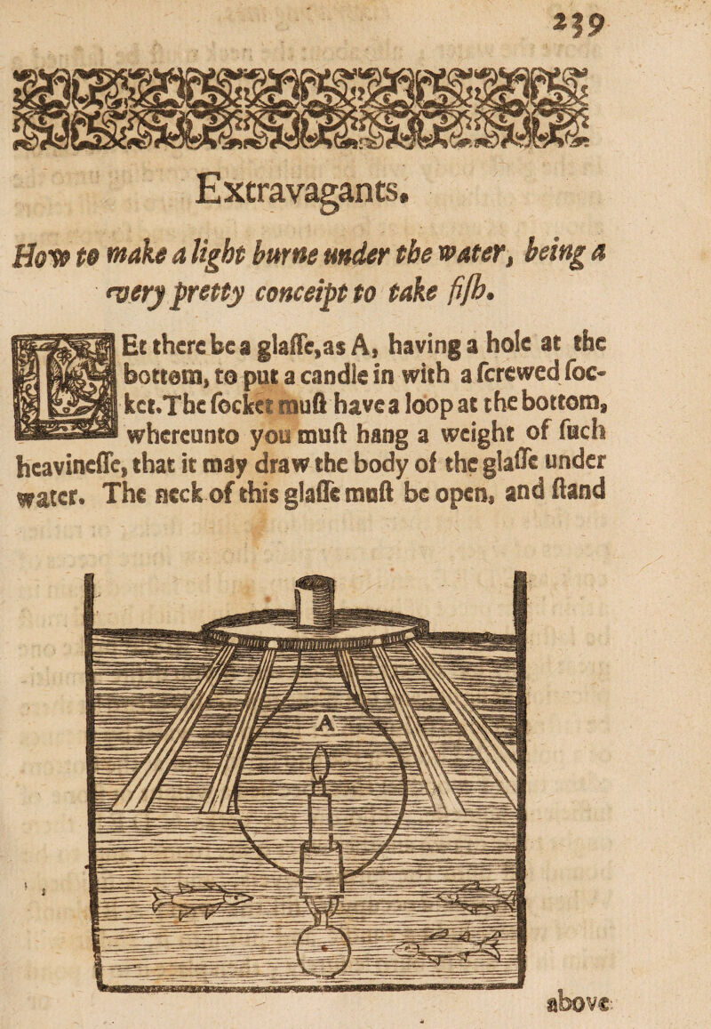 Ha V 0 ^ iight burne under tbe water, being a fvery pretty conceiptto take fijb» Extravagants Ecthcrebea glafle,as A, having a hole at the bottom, to put a candle in with a (crcwed foc- kct.Tbe (beket tnufi havea loop at thebottom, whereunto you muft hang a weight of fuch heavinefle, that it may draw the body of the glaflc under water. The neck of this glafle muft be open, and (land above