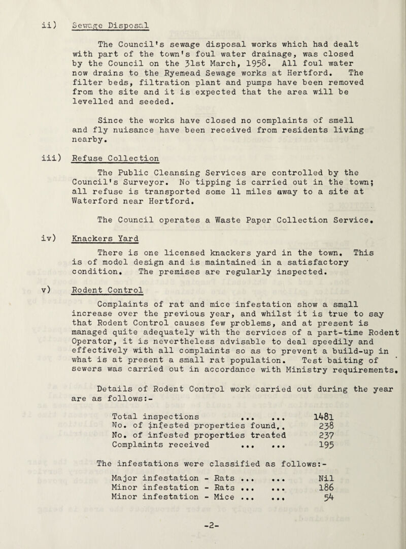 ii) Sewage Disposal The Councils sewage disposal works which had dealt with part of the town’s foul water drainage, was closed by the Council on the 31st March, 1958. All foul water now drains to the Ryemead Sewage works at Hertford. The filter beds, filtration plant and pumps have been removed from the site and it is expected that the area will be levelled and seeded. Since the works have closed no complaints of smell and fly nuisance have been received from residents living nearby. iii) Refuse Collection The Public Cleansing Services are controlled by the Council's Surveyor. No tipping is carried out in the town; all refuse is transported some 11 miles away to a site at Waterford near Hertford. The Council operates a Waste Paper Collection Service* iv) Knackers Yard There is one licensed knackers yard in the town. This is of model design and is maintained in a satisfactory condition. The premises are regularly inspected. v) Rodent Control Complaints of rat and mice infestation show a small increase over the previous year, and whilst it is true to say that Rodent Control causes few problems, and at present is managed quite adequately with the services of a part-time Rodent Operator, it is nevertheless advisable to deal speedily and effectively with all complaints so as to prevent a build-up in what is at present a small rat population. Test baiting of sewers was carried out in accordance with Ministry requirements* Details of Rodent Control work carried out during the year are as follows:- Total inspections l48l No. of infested properties found,, 238 No. of infested properties treated 237 Complaints received ... ... 195 The infestations were classified as follows:- Major infestation - Rats ... ... Nil Minor infestation - Rats. 186 Minor infestation - Mice. 54 -2-