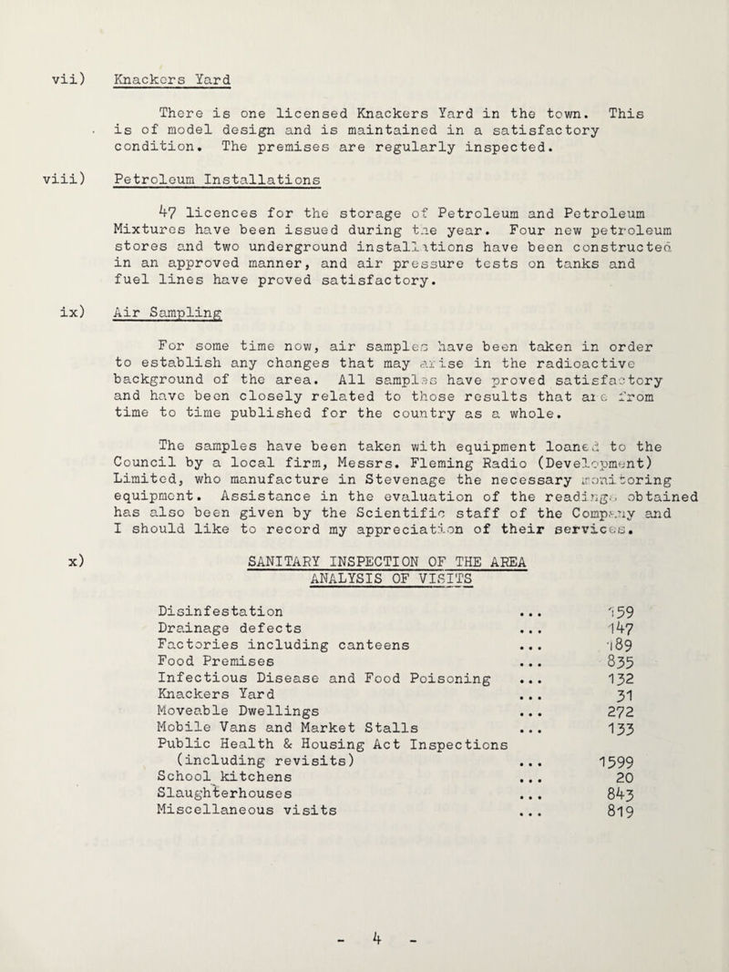 vii) Knackers Yard There is one licensed Knackers Yard in the town. This is of model design and is maintained in a satisfactory condition. The premises are regularly inspected. viii) Petroleum Installations 47 li cences for the storage of Petroleum and Petroleum Mixtures have been issued during tne year. Four new petroleum stores and two underground installitions have been constructed in an approved manner, and air pressure tests on tanks and fuel lines have proved satisfactory. ix) Air Sampling For some time now, air samples have been taken in order to establish any changes that may arise in the radioactive background of the area. All samples have proved satisfactory and have been closely related to those results that aie from time to time published for the country as a. whole. The samples have been taken with equipment loaned to the Council by a local firm, Messrs. Fleming Radio (Development) Limited, who manufacture in Stevenage the necessary ironiboring equipment. Assistance in the evaluation of the reading;, obtained has a.lso been given by the Scientific staff of the Company and I should like to record my appreciation of their services. x) SANITARY INSPECTION OF THE AREA ANALYSIS OF VISITS Disinfestation ... 159 Dra.inage defects ... 147 Factories including canteens ... '189 Food Premises ... 835 Infectious Disease and Food Poisoning ... 132 Knackers Yard ... 31 Moveable Dwellings ... 272 Mobile Vans and Market Stalls ... I33 Public Health & Housing Act Inspections (including revisits) ... 1599 School kitchens ... 20 Slaughterhouses ,., 843 Miscellaneous visits ... 819