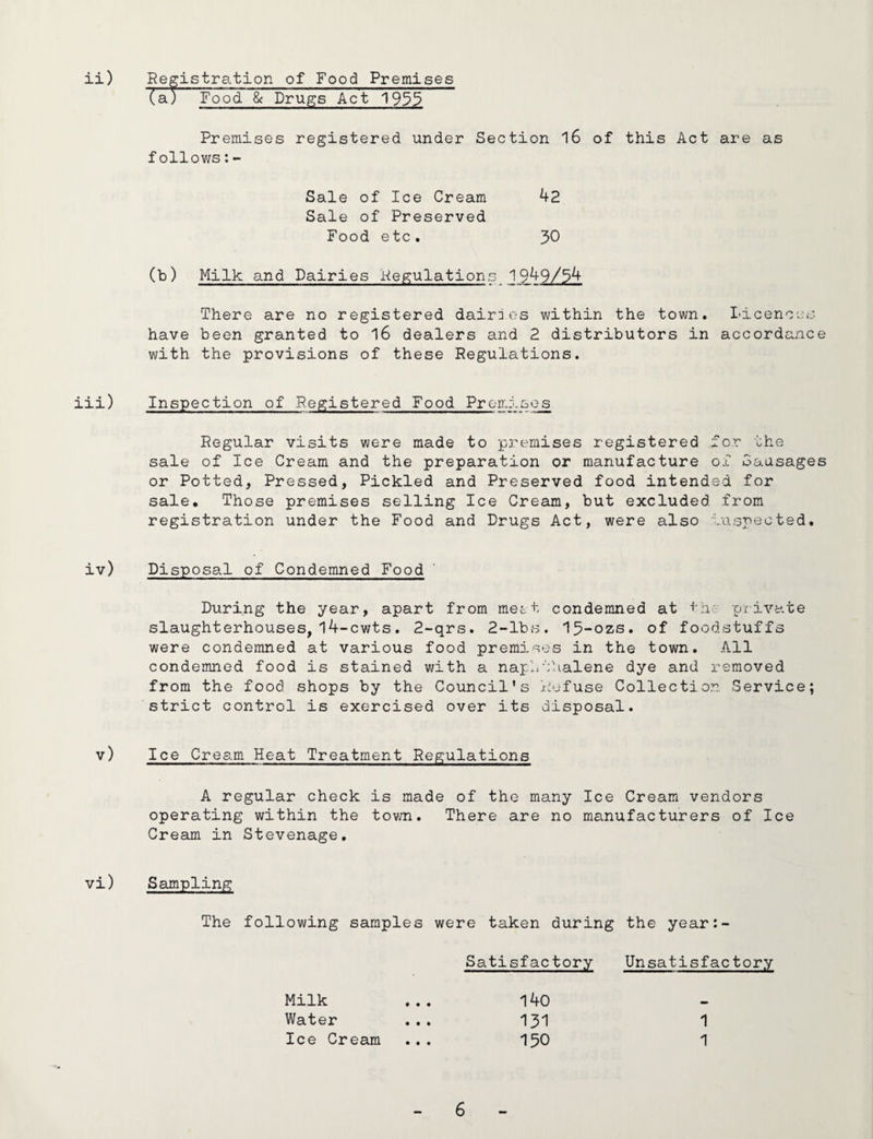 Premises registered under Section 16 of this Act are as follows:- Sale of Ice Cream Sale of Preserved 42 Food etc. 30 (b) Milk and Dairies Kegulations 1949/34 There are no registered dairies within the town. Idcenoes have been granted to 16 dealers and 2 distributors in accordance with the provisions of these Regulations. iii) Inspection of Registered Food Premises Regular visits were made to premises registered for the sale of Ice Cream and the preparation or manufacture of Sausages or Potted, Pressed, Pickled and Preserved food intended for sale. Those premises selling Ice Cream, but excluded from registration under the Food and Drugs Act, were also inspected, iv) Disposal of Condemned Food During the year, apart from raett condemned at the private slaughterhouses, l4-cwts. 2-qrs. 2-lbs. 15-ozs. of foodstuffs were condemned at various food premises in the town. All condemned food is stained with a naphthalene dye and removed from the food shops by the Council's riofuse Collection Service; strict control is exercised over its disposal. v) Ice Cream Heat Treatment Regulations A regular check is made of the many Ice Cream vendors operating within the tovm. There are no manufacturers of Ice Cream in Stevenage. vi) Sampling The following samples were taken during the year:- Satisfactory Unsatisfactory Milk Water Ice Cream 140 131 150 1 1