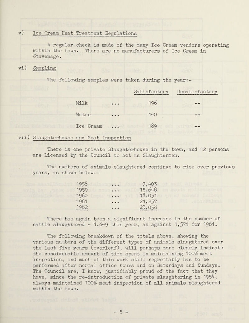 A regular check is made of the many Ice Cream vendors operating within the town. There are no manufacturers of Ice Cream in Stevenage. vi) Sampling The following samples were taken during the year:- Satisfactory Unsatisfactory Milk ... 196 Water ... 140 Ice Cream ... 189 vii) Slaughterhouse and Meat Inspection There is one private Slaughterhouse in the town, and 12 persons are licensed by the Council to act as Slaughtermen. The numbers of animals slaughtered continue to rise over previous years, as shown below 1958 7,403 1959 15,648 i960 18,051 1961 21,257 1962 23,058 There has again been a significant increase in the number of cattle slaughtered - 1,849 this year, as against 1,571 for 1961. The following breakdown of the totals above, showing the various numbers of the different types of animals slaughtered over the last five years (overleaf), will perhaps more clearly indicate the considerable amount of time spent in maintaining 100$ meat inspection, and much of this work still regrettably has to be performed after normal office hours and on Saturdays and Sundays. The Council are, I know, justifiably proud of the fact that they have, since the re-introduction of private slaughtering in 1954, always maintained 100$ meat inspection of all animals slaughtered within the town. - 5 -