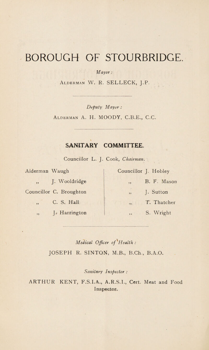 M ay or: Alderman W. R. SELLECK, J.P. Deputy Mayor : Alderman A. H. MOODY, C.B.E., C.C. SANITARY COMMITTEE. Councillor L. J. Cook, Chairman. Alderman Waugh ,, J. Wooldridge Councillor C. Broughton C. S. Hall > 5 J.‘ Harrington Councillor J. Hobley B. F. Mason »> }t J. Sutton T. Thatcher S. Wright Medical Officer of Health : JOSEPH R. SINTON, M.B., B.Ch, B.A.O. Sanitary Inspector : ARTHUR KENT, F.S.I.A., A.R.S.I., Cert. Meat and Food Inspector.