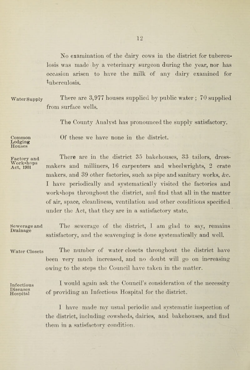 Water Supply Common Lodging Houses Factory and Workshops Act, 1901 Sewerage and Drainage Water Closets Infectious Diseases Hospital No examination of the dairy cows in the district for tubercu¬ losis was made b}7 a veterinary surgeon during the year, nor has occasion arisen to have the milk of any dairy examined for tuberculosis. There are 3,977 houses supplied by public water ; 70 supplied from surface wells. The County Analyst has pronounced the supply satisfactory. Of these we have none in the district. There are in the district 35 bakehouses, 33 tailors, dress¬ makers and milliners, 16 carpenters and wheelwrights, 2 crate makers, and 39 other factories, such as pipe and sanitary works, &c. I have periodically and systematically visited the factories and workshops throughout the district, and find that all in the matter of air, space, cleanliness, ventilation and other conditions specified under the Act, that they are in a. satisfactory state. The sewerage of the district, I am glad to say, remains satisfactory, and the scavenging is done systematically and well. The number of water closets throughout the district have been very much increased, and no doubt will go on increasing owing to the steps the Council have taken in the matter. I would again ask the Council’s consideration of the necessitv of providing an Infectious Hospital for the district. 1 have made my usual periodic and systematic inspection of the district, including cowsheds, dairies, and bakehouses, and find them in a satisfactory condition.