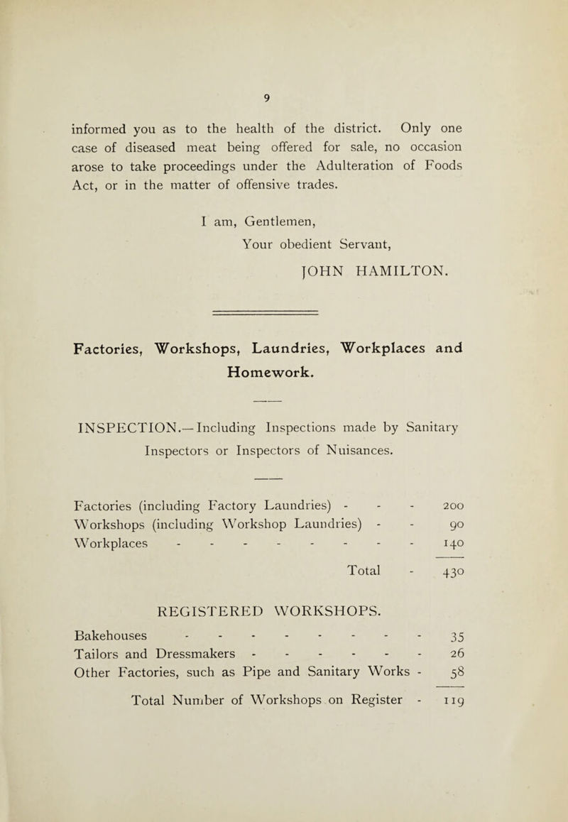 informed you as to the health of the district. Only one case of diseased meat being offered for sale, no occasion arose to take proceedings under the Adulteration of Foods Act, or in the matter of offensive trades. I am, Gentlemen, Your obedient Servant, JOHN HAMILTON. Factories, Workshops, Laundries, Workplaces and Homework. INSPECTION.—Including Inspections made by Sanitary Inspectors or Inspectors of Nuisances. Factories (including Factory Laundries) - 200 Workshops (including Workshop Laundries) - - 90 Workplaces - - - - - - - - 140 Total - 430 REGISTERED WORKSHOPS. Bakehouses -------- 35 Tailors and Dressmakers ------ 26 Other Factories, such as Pipe and Sanitary Works - 58 Total Number of Workshops on Register - 119