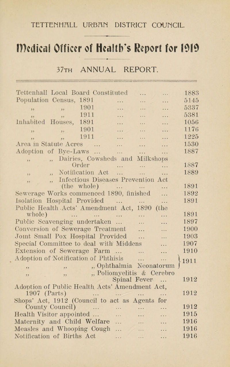 niedical Officer of Health’s Report for 1919 ■— — ♦ - 37th ANNUAL REPORT. Tettenhall Local Board Constituted Population Census, 1891 1901 1911 Inhabited Houses, 1891 „ „ 1901 1911 Area in Statute Acres Adoption of Bye-Laws ... Dairies, Cowsheds Order Notification Act )) >} r> 7) y> •>> Infectious Diseases and Milkshops Prevention Act Act, 1890 (the (the whole) Sewerage Works commenced 1890, finished Isolation Hospital Provided Public Health - Acts’ Amendment whole) Public Scavenging undertaken . Conversion of Sewerage Treatment Joint Small Pox Hospital Provided Special Committee to deal with' Middens Extension of Sewerage Farm ... Adoption of Notification of Phthisis „ Ophthalmia Neonatorum l J 1883 5145 5337 5381 1056 1176 1225 1530 1887 1887 1889 1891 1892 1891 1891 1897 1900 1903 1907 1910 1911 ,, ,, „ Poliomyelitis & Cerebro Spinal Fever ... Adoption of Public Health Acts’ Amendment Act, 1907 (Parts) Shops’ Act, 1912 (Council to act as Agents for County Council) Health Visitor appointed ... Maternity and Child Welfare ... Measles and Whooping Cough ... Notification of Births Act 1912 1912 1912 1915 1916 1916 1916