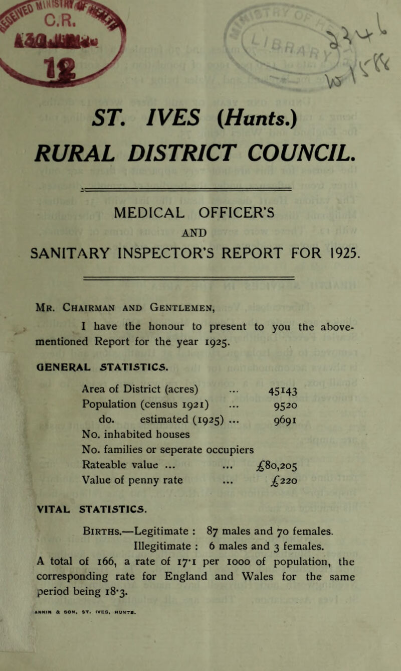 V5 ' ST. IVES (Hunts.) RURAL DISTRICT COUNCIL. MEDICAL OFFICER’S AND SANITARY INSPECTOR’S REPORT FOR 1925. Mr. Chairman and Gentlemen, I have the honour to present to you the above- mentioned Report for the year 1925. GENERAL STATISTICS. Area of District (acres) ... 45143 Population (census 1921) ... 9520 do. estimated (1925) ... 9691 No. inhabited houses No. families or seperate occupiers Rateable value ... ... ;^8o,205 Value of penny rate ... £‘220 VITAL STATISTICS. Births.—Legitimate : 87 males and 70 females. Illegitimate : 6 males and 3 females. A total of 166, a rate of 17*1 per 1000 of population, the corresponding rate for England and Wales for the same period being i83. ANKIN a SON. ST. IVB8, HUNTS.
