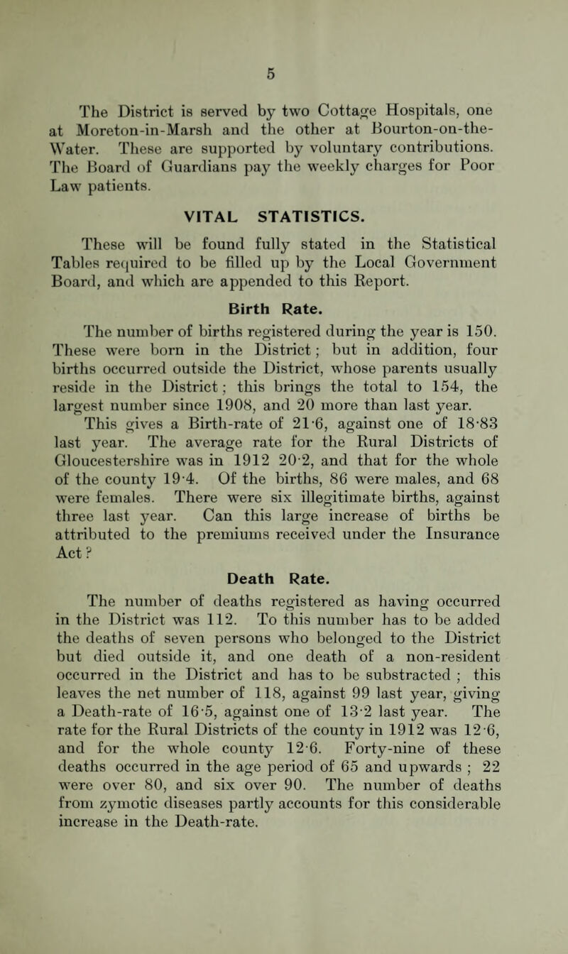 The District is served by two Cottage Hospitals, one at Moreton-in-Marsh and the other at Bourton-on-the- Water. These are supported by voluntary contributions. The Board of Guardians pay the weekly charges for Poor Law patients. VITAL STATISTICS. These will be found fully stated in the Statistical Tables re<iuired to be filled up by the Local Government Board, and which are appended to this Report. Birth Rate. The number of births registered during the year is 150. These were born in the District; but in addition, four births occurred outside the District, whose parents usually reside in the District; this brings the total to 154, the largest number since 1908, and 20 more than last year. This gives a Birth-rate of 21-6, against one of 18-83 last year. The average rate for the Rural Districts of Gloucestershire was in 1912 20 2, and that for the whole of the county 19-4. Of the births, 86 were males, and 68 were females. There were six illegitimate births, against three last year. Can this large increase of births be attributed to the premiums received under the Insurance Act ? Death Rate. The number of deaths registered as having occurred in the District was 112. To this number has to be added the deaths of seven persons who belonged to the District but died outside it, and one death of a non-resident occurred in the District and has to be substracted ; this leaves the net number of 118, against 99 last year, giving a Death-rate of 16-5, against one of 13-2 last year. The rate for the Rural Districts of the county in 1912 was 12 -6, and for the whole county 12-6. Forty-nine of these deaths occurred in the age period of 65 and upwards ; 22 were over 80, and six over 90. The number of deaths from zymotic diseases partly accounts for this considerable increase in the Death-rate.