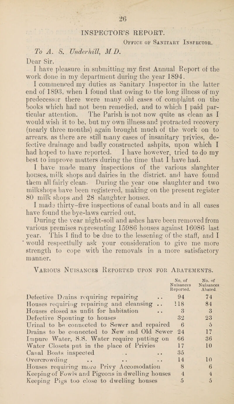 INSPECTOR’S REPORT. Office of Sanitary Insfectoe. To A. S. Underhill^ M D. Dear Sir, I have pleasure in submitting my first Annual Report of the work done in my department during the year 1894. I commenced my duties as Sanitary Inspector in the latter end of 1893, when 1 found that owing to the long illness of my predecessor there were many old cases of complaint on the books which had not been remedied, and to which I paid par¬ ticular attention. The Parish is not now quite as clean as I would wish it to be, but my own illness and protracted recovery (nearly three months) again brought much of the work on to arrears, as there are still many cases of insanitary privies, de¬ fective drainage and badly constructed ashpits, upon which I had hoped to have reported. I have however, tried to do my best to improve matters during the time that I have had. I have made many inspections of the various slaughter houses, milk shops and dairies in the district, and have found them all fairly clean. During the year one slaughter and two milkshops have been registered, making on the present register 80 milk shops and 28 slaughter houses. I made thirty-five inspections of canal boats and in all cases have found the bye-laws carried out. During the year night-soil and ashes have been removed from various premises representing 15986 houses against 16086 last year. This I find to be due to the lessening of the staff, and I ' would respectfully ask your consideration to give me more strength to cope with the removals in a more satisfactory manner. Various Nuisances Reported upon for Abatements. No. of No. of Nuisances Nuisances Reported. Aliated. Defective Dt'ams rt'quiriDg repairing . . 94 74 Houses requiriDg repairing and cleansing .. 118 84 Houses closed as unfit for habitation . . 3 3 Defective Spouting to houses 32 23 Urinal to be connected to Sewer and repaired 6 5 Drains to be connected to New and Old Sewer 24 17 Impure Water, 8.8. Water require putting on 66 36 Water Closets put in the place of Privies 17 10 Canal Boats inspected . . .. 35 Overcrowding . , . . . . 14 10 Houses requiring more Privy Aiccomodation 8 6 Keeping of Fowls and Pigeons in dwelling houses 4 4 Keeping Pigs too close to dwelling houses 5 5