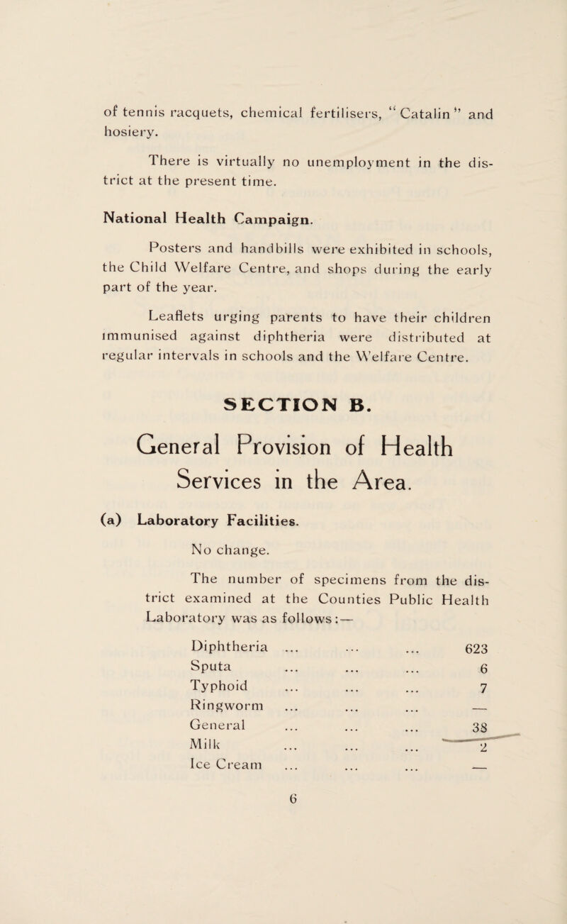 of tennis racquets, chemical fertilisers, “ Catalin if and hosiery. There is virtually no unemployment in the dis¬ trict at the present time. National Health Campaign. Posters and handbills were exhibited in schools, the Child Welfare Centre, and shops during the early part of the year. Leaflets urging parents to have their children immunised against diphtheria were distributed at regular intervals in schools and the Welfare Centre. SECTION B. General Provision of Health Services in the Area. (a) Laboratory Facilities. No change. The number of specimens from the dis¬ trict examined at the Counties Public Health Laboratory was as follows: — Diphtheria Sputa Typhoid Ringworm General Milk Ice Cream 623 6 7 38 2