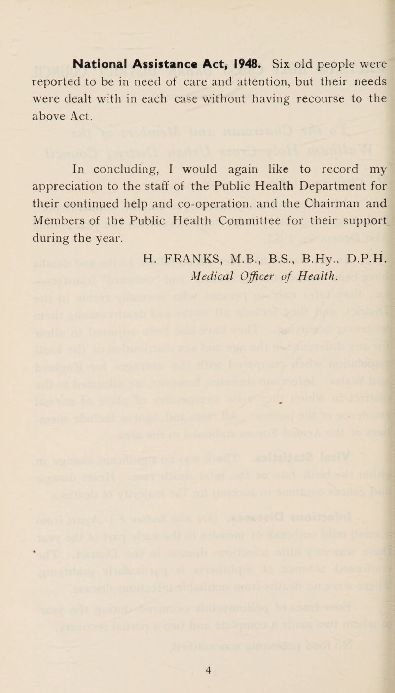 National Assistance Act, 1948. Six old people were reported to be in need of care and attention, but their needs were dealt with in each case without having recourse to the above Act. In concluding, I would again like to record my appreciation to the staff of the Public Health Department for their continued help and co-operation, and the Chairman and Members of the Public Health Committee for their support during the year. H. FRANKS, M.B., B.S., B.Hy., D.P.H. Medical Officer of Health.