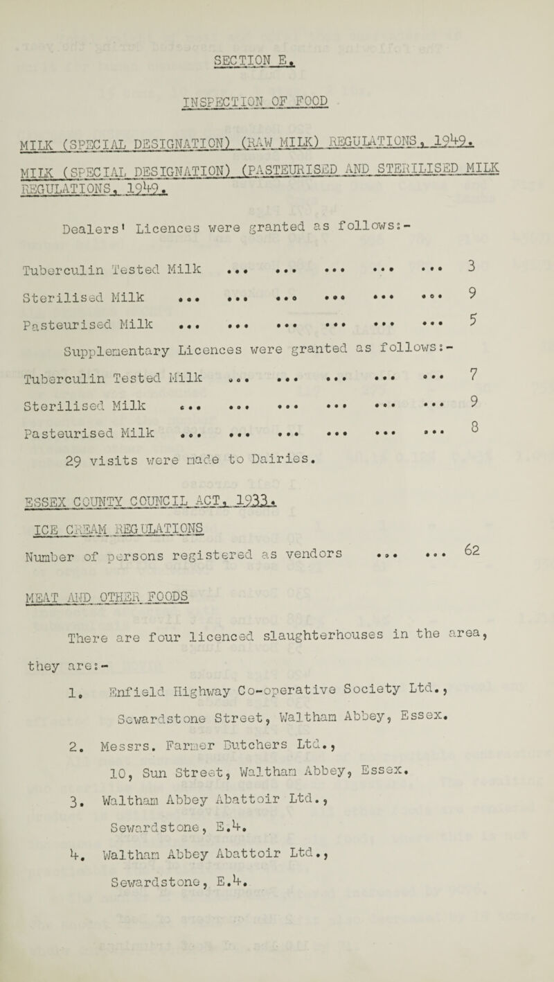 INSPECTION OF FOOD MILK (SPECIAL DESIGNATION) (HAW MILK) REGUUTJJINS^jqJ+i. MILK (SPECIAL DESIGNATION) (PASTEURISED AND STEHI_LISED_JiILK REGULATIONS. 1949. Dealers' Licences were granted as follows:- Tuberculin Tested Milk • • • Sterilised Milk ««• • • • ••• ••• ••• . . o ••• ••• •©• • « • • * * • • • . • • ••• ••• Pasteurised Milk Supplementary Licences were granted as follows: Tuberculin Tested Milk * o • « « ••• Sterilised Milk Pasteurised Milk 6 . « . 0 « ••• ••• ••• ••• • « • • • • ••• ••• ••• 3 9 5 7 9 3 29 visits were made to Dairies 5SSEX COUNTY COUNCIL ACTi_._1933jl ICE CKSAM REGULATIONS Number of persons registered as vendors • 9 • ♦ • . 62 MEAT AND OTHER FOODS. There are four licenced slaughterhouses in the area, they ares- 1. Enfield Highway Co-operative Society Ltd., Sewardstone Street, Waltham Abbey, Essex. 2. Messrs. Farmer Butchers Ltd., 10, Sun Street, Waltham Abbey, Essex. 3. Waltham Abbey Abattoir Ltd., Sewardstone, E.k. k. Waltham Abbey Abattoir Ltd., Sewardstone, E.k.