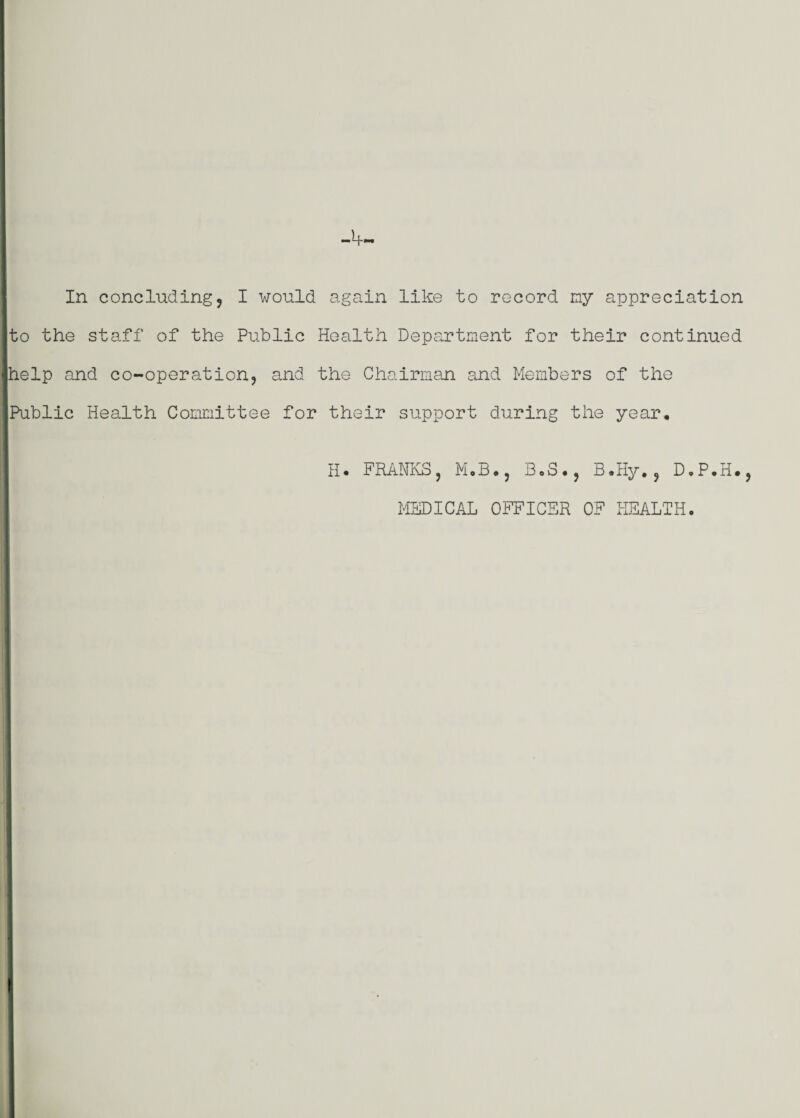 In concluding, I would again like to record my appreciation to the staff of the Public Health Department for their continued help and co-operation, and the Chairman and Members of the Public Health Committee for their support during the year. H* FRANKS, M,B,, BoS,, B®Hy,, D,P,H, MEDICAL OFFICER OF HEALTH.