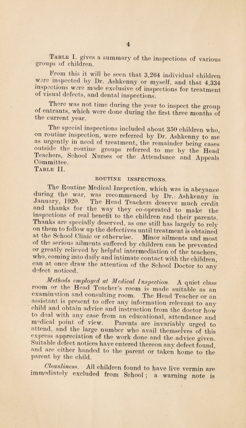 Table I. gives a summary of the inspections of various groups of children. hfom this it will be seen that 3,264 individual children were inspected by Dr. Ashkenny or myself, and that 4,334 inspections were made exclusive of inspections for treatment of visual defects, and dental inspections. There was not time during the year to inspect the group of entrants, which were done during the first three months of the current year. The special inspections included about 350 children who, on routine inspection, were referred by Dr. Ashkenny to me as urgently in need of treatment, the remainder being cases outside the routine groups referred to me by the Head Teachers, School Nurses or the Attendance and Appeals Committee. 1 Table II. ROUTINE INSPECTIONS. The Routine Medical Inspection, which was in abeyance during the war, was recommenced by Dr. Ashkenny in January, 1920. The Head Teachers deserve much credit and thanks for the way they co-operated to make the inspections of real benefit to the children and their parents. Thanks are specially deserved, as one still has largely to rely on them to follow up the defectives until treatment is obtained at the School Clinic or otherwise. Minor ailments and most of the serious ailments suffered by children can be prevented or greatly relieved by helpful intermediation of the teachers, who, coming into daily and intimate contact with the children can at once draw the attention of the School Doctor to any defect noticed. J Methods employed at Medical Inspection. A quiet class room or the Head Teacher’s room is made suitable as an examination and consulting room. The Head Teacher or an assistant is present to offer any information relevant to any child and obtain advice and instruction from the doctor how to deal with any case from an educational, attendance and medical point of view. Parents are invariably urged to attend, and the large number who avail themselves of this express appreciation of the work done and the.advice given. Suitable defect notices have entered thereon any defect found, and are either handed to the parent or taken home to the parent by the child. Cleanliness. All children found to have live vermin are immediately excluded from School ; a warning note is