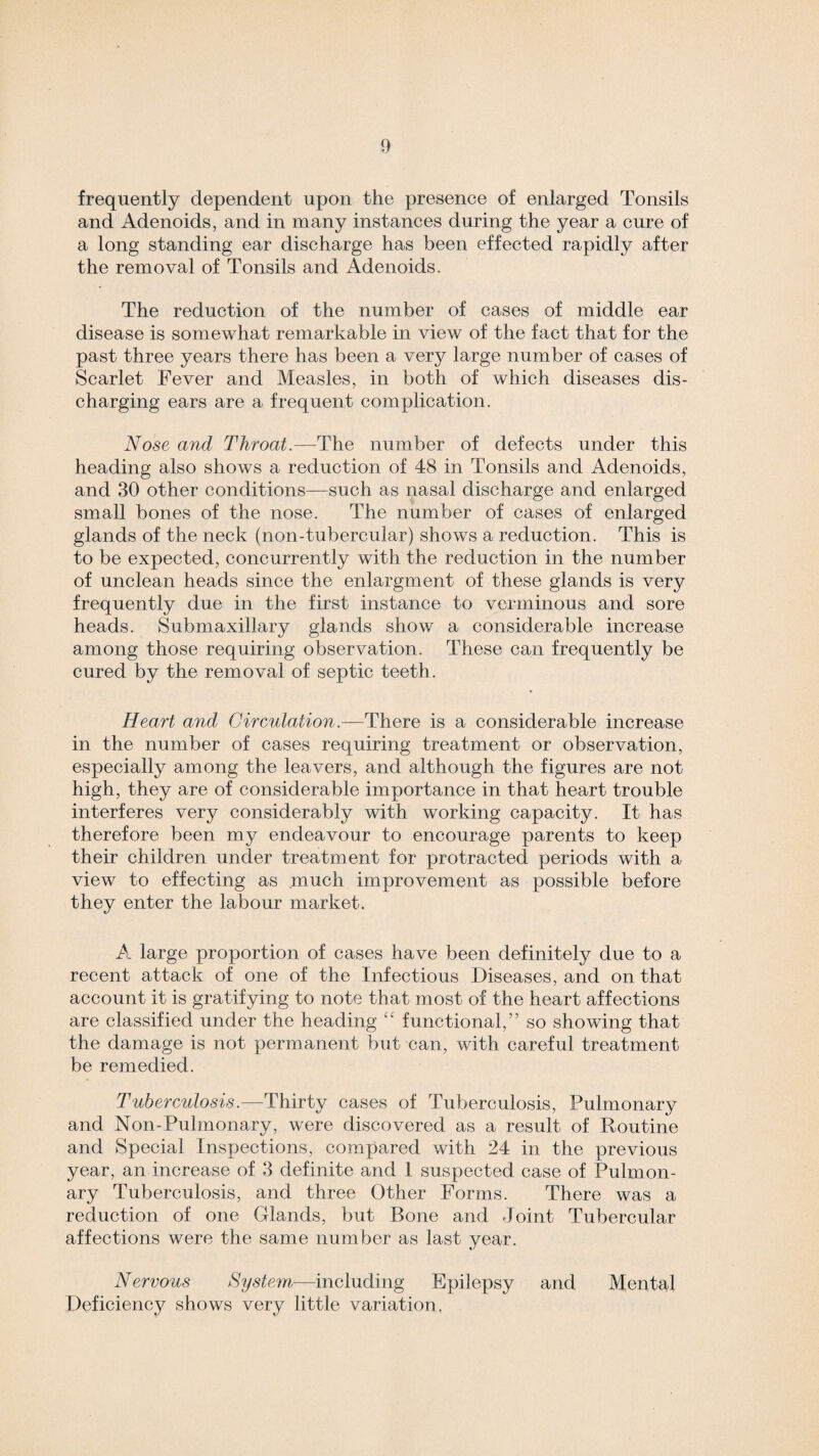 frequently dependent upon the presence of enlarged Tonsils and Adenoids, and in many instances during the year a cure of a long standing ear discharge has been effected rapidly after the removal of Tonsils and Adenoids. The reduction of the number of cases of middle ear disease is somewhat remarkable in view of the fact that for the past three years there has been a very large number of cases of Scarlet Fever and Measles, in both of which diseases dis¬ charging ears are a frequent complication. Nose and Throat.—The number of defects under this heading also shows a reduction of 48 in Tonsils and Adenoids, and 30 other conditions—such as nasal discharge and enlarged small bones of the nose. The number of cases of enlarged glands of the neck (non-tubercular) shows a reduction. This is to be expected, concurrently with the reduction in the number of unclean heads since the enlargment of these glands is very frequently due in the first instance to verminous and sore heads. Submaxillary glands show a considerable increase among those requiring observation. These can frequently be cured by the removal of septic teeth. Heart and Circulation.—There is a considerable increase in the number of cases requiring treatment or observation, especially among the leavers, and although the figures are not high, they are of considerable importance in that heart trouble interferes very considerably with working capacity. It has therefore been my endeavour to encourage parents to keep their children under treatment for protracted periods with a view to effecting as much improvement as possible before they enter the labour market. A large proportion of cases have been definitely due to a recent attack of one of the Infectious Diseases, and on that account it is gratifying to note that most of the heart affections are classified under the heading ££ functional,” so showing that the damage is not permanent but can, with careful treatment be remedied. Tuberculosis.—Thirty cases of Tuberculosis, Pulmonary and Non-Pulmonary, were discovered as a result of Routine and Special Inspections, compared with 24 in the previous year, an increase of 3 definite and 1 suspected case of Pulmon¬ ary Tuberculosis, and three Other Forms. There was a reduction of one Glands, but Bone and Joint Tubercular affections were the same number as last year. Nervous System—including Epilepsy and Mental Deficiency shows very little variation.