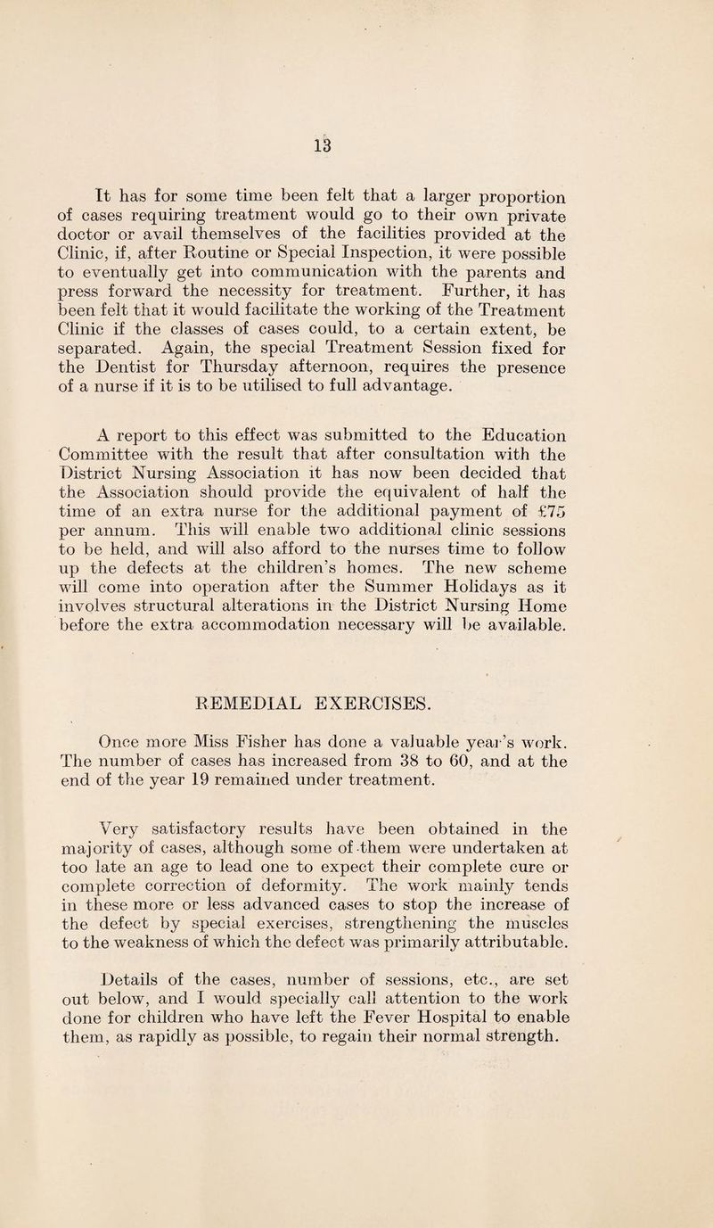 It has for some time been felt that a larger proportion of cases requiring treatment would go to their own private doctor or avail themselves of the facilities provided at the Clinic, if, after Routine or Special Inspection, it were possible to eventually get into communication with the parents and press forward the necessity for treatment. Further, it has been felt that it would facilitate the working of the Treatment Clinic if the classes of cases could, to a certain extent, be separated. Again, the special Treatment Session fixed for the Dentist for Thursday afternoon, requires the presence of a nurse if it is to be utilised to full advantage. A report to this effect was submitted to the Education Committee with the result that after consultation with the District Nursing Association it has now been decided that the Association should provide the equivalent of half the time of an extra nurse for the additional payment of £75 per annum. This will enable two additional clinic sessions to be held, and will also afford to the nurses time to follow up the defects at the children’s homes. The new scheme will come into operation after the Summer Holidays as it involves structural alterations in the District Nursing Home before the extra accommodation necessary will be available. REMEDIAL EXERCISES. Once more Miss Fisher has done a valuable year’s work. The number of cases has increased from 38 to 60, and at the end of the year 19 remained under treatment. Very satisfactory results have been obtained in the majority of cases, although some of them were undertaken at too late an age to lead one to expect their complete cure or complete correction of deformity. The work mainly tends in these more or less advanced cases to stop the increase of the defect by special exercises, strengthening the muscles to the weakness of which the defect was primarily attributable. Details of the cases, number of sessions, etc., are set out below, and I would specially call attention to the work done for children who have left the Fever Hospital to enable them, as rapidly as possible, to regain their normal strength.