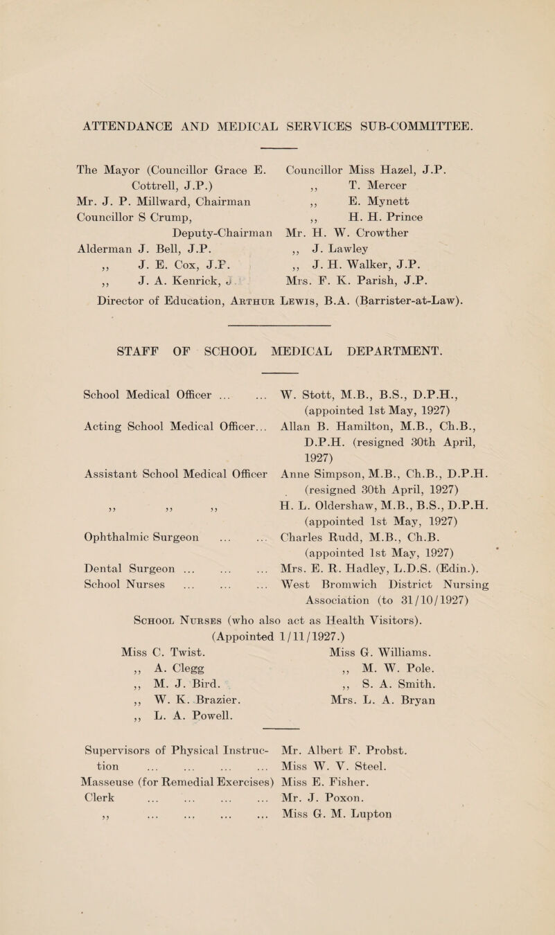 ATTENDANCE AND MEDICAL SERVICES SUB-COMMITTEE. The Mayor (Councillor Grace E. Cottrell, J.P.) Mr. J. P. Millward, Chairman Councillor S Crump, Deputy-Chairman Alderman J. Bell, J.P. ,, J. E. Cox, J.F. ,, J. A. Kenrick, o Councillor Miss Hazel, J.P. ,, T. Mercer ,, E. My nett ,, H. H. Prince Mr. H. W. Crowther ,, J. Lawley „ J. H. Walker, J.P. Mrs. F. K. Parish, J.P. Director of Education, Arthur Lewis, B.A. (Barrister-at-Law). STAFF OF SCHOOL MEDICAL DEPARTMENT. School Medical Officer ... Acting School Medical Officer... Assistant School Medical Officer Ophthalmic Surgeon Dental Surgeon ... School Nurses W. Stott, M.B., B.S., D.P.H., (appointed 1st May, 1927) Allan B. Hamilton, M.B., Ch.B., D.P.H. (resigned 30th April, 1927) Anne Simpson, M.B., Ch.B., D.P.H. (resigned 30th April, 1927) H. L. Oldershaw, M.B., B.S., D.P.H. (appointed 1st May, 1927) Charles Rudd, M.B., Ch.B. (appointed 1st May, 1927) Mrs. E. R. Hadley, L.D.S. (Edin.). West Bromwich District Nursing Association (to 31/10/1927) School Nurses (who also act as Health Visitors). (Appointed 1/11/1927.) Miss C. Twist. ,, A. Clegg ,, M. J. Bird. ,, W. K. Brazier. ,, L. A. Powell. Miss G. Williams. „ M. W. Pole. ,, S. A. Smith. Mrs. L. A. Bryan Supervisors of Physical Instruc- Mr. Albert F. Probst. tion ... ... ... ... Miss W. V. Steel. Masseuse (for Remedial Exercises) Miss E. Fisher. Clerk ... ... ... ... Mr. J. Poxon. ,, ... ... ... ... Miss G. M. Lupton