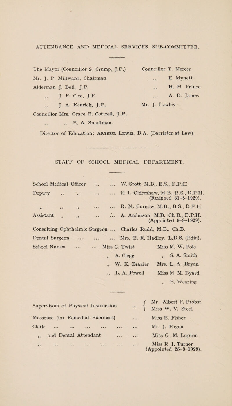 ATTENDANCE AND MEDICAL SERVICES SUB-COMMITTEE. The Mayor (Councillor S. Crump, J.P.) Mr. J. P. Millward, Chairman Alderman J. Bell, J.P. Councillor T. Mercer E. Mynett H. H. Prince J. E. Cox, J.P. J. A. Kenrick, J.P. A. D. James Mr, J. Lawley Councillor Mrs. Grace E. Cottrell, J.P. ,, ,, E. A. Smallman. Director of Education: Arthur Lewis, B.A. (Barrister-at-Law). STAFF OF SCHOOL MEDICAL DEPARTMENT. School Medical Officer ... ... W. Stott, M.B., B.S., D.P.H. Deputy ,, „ ... ... H.L. Oldershaw, M.B..B.S., D.P.H (Resigned 31-8-1929). ,, „ ,, ... ... R. N. Curnow, M.B., B.S., D.P.H. Assistant ,, ,, ... ... A. Anderson, M.B., Ch B., D.P.H. (Appointed 9-9-1929). Consulting Ophthalmic Surgeon ... Charles Rudd, M.B., Ch.B. Dental Surgeon ... ... ... Mrs. E. R. Hadley. L.D.S. (Edin). School Nurses ... ... Miss C. Twist Miss M. W. Pole A. Clegg S. A. Smith W. K. Brazier Mrs. L. A. Bryan L. A. Powell Miss M. M. Byard ,, B. Wearing Masseuse (for Remedial Exercises) Clerk ... ... ... ... Supervisors of Physical Instruction and Dental Attendant Mr. Albert F. Probst Miss W. V. Steel Miss E. Fisher Mr. J. Poxon Miss G. M. Lupton Miss R I. Turner (Appointed 25-3-1929).