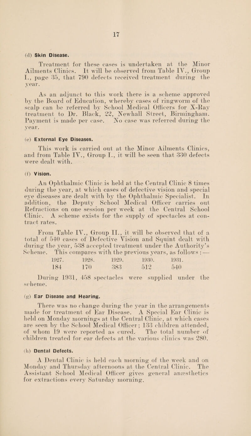 (d) Skin Disease. Treatment for these cases is undertaken at the Minor Ailments Clinics. It will be observed from Table IV., Group I., page 35, that 790 defects received treatment during the year. As an adjunct to this work there is a scheme approved by the Board of Education, whereby cases of ringworm of the scalp can he referred hv School Medical Officers for X-Ray treatment to Dr. Black, 22, Xewhall Street, Birmingham. Payment is made per case. Xo case was referred during the year. * (e) External Eye Diseases. This work is carried out at the Minor Ailments Clinics, and from Table IV., Group I., it will be seen that 330 defects were dealt with. (f) Vision. An Ophthalmic Clinic is held at the Central Clinic 8 times during the year, at which cases of defective vision and special eye diseases are dealt with by the Ophthalmic Specialist. In addition, the Deputy School Medical Officer carries out Refractions on one session per week at the Central School Clinic. A scheme exists for the supply of spectacles at con¬ tract rates. A From Table IV., Group II., it will be observed that of a total of 540 cases of Defective Vision and Squint dealt with during the year, 538 accepted treatment under the Authority’s Scheme. This compares with the previous years, as follows : — 1927. 1928. 1929. 1930. 1931. 184 170 383 512 540 During 1931, 458 spectacles were supplied under the scheme. (g) Ear Disease and Hearing. There was no change during the year in the arrangements made for treatment of Ear Disease. A Special Ear Clinic is held on Monday mornings at the Central Clinic, at which cases are seen by the School Medical Officer; 133 children attended, of whom 19 were reported as cured. The total number of children treated for ear defects at the various clinics was 280. (h) Dental Defects. A Dental Clinic is held each morning of the week and on Monday and Thursday afternoons at the Central Clinic. The Assistant School Medical Officer gives general anaesthetics for extractions every Saturday morning.