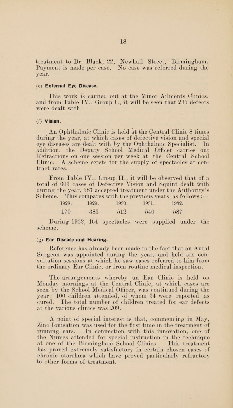 treatment to Dr. Black, 22, Newhall Street, Birmingham. Payment is made per case. No case was referred during the year. (e) External Eye Disease. This work is carried out at the Minor Ailments Clinics, and from Table IV., Group I., it will be seen that 235 defects were dealt with. (f) Vision. An Ophthalmic Clinic is held at the Central Clinic 8 times during the year, at which cases of defective vision and special eye diseases are dealt with by the Ophthalmic Specialist. In addition, the Deputy School Medical Officer carries out Refractions on one session per week at the Central School Clinic. A scheme exists for the supply of spectacles at con¬ tract rates. From Table IV., Group II., it will be observed that of a total of G03 cases of Defective Vision and Squint dealt with during the year, 587 accepted treatment under the Authority’s Scheme. This compares with the previous years, as follows : — 1928. 1929. 1930. 1931. 1932. 170 383 512 540 587 During 1932, 464 spectacles were supplied under the scheme. (g) Ear Disease and Hearing. Reference has already been made to the fact that an Aural Surgeon was appointed during the year, and held six con¬ sultation sessions at which he saw cases referred to him from the ordinary Ear Clinic, or from routine medical inspection. The arrangements whereby an Ear Clinic is held on Monday mornings at the Central Clinic, at which cases are seen by the School Medical Officer, was continued during the year : 100 children attended, of whom 34 were reported as cured. The total number of children treated for ear defects at the various clinics was 209. A point of special interest is that, commencing in May, Zinc Ionisation was used for the first time in the treatment of running ears. In connection with this innovation, one of the Nurses attended for special instruction in the technique at one of the Birmingham School Clinics. This treatment has proved extremely satisfactory in certain chosen cases of chronic otorrhoea which have proved particularly refractory to other forms of treatment.