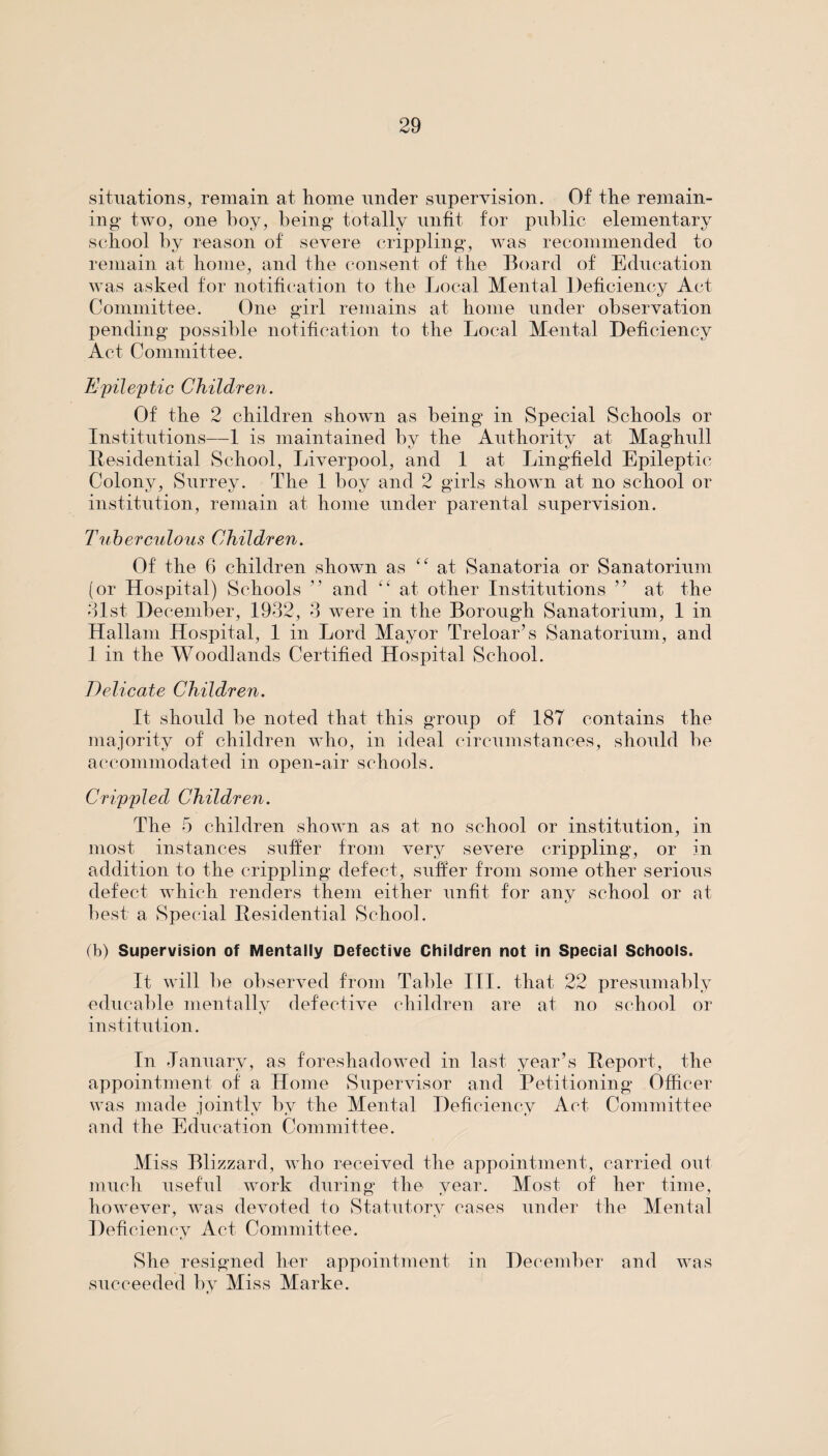 situations, remain at home under supervision. Of the remain¬ ing two, one boy, being totally unfit for public elementary school by reason of severe crippling, was recommended to remain at home, and the consent of the Board of Education was asked for notification to the Local Mental Deficiency Act Committee. One girl remains at home under observation pending possible notification to the Local Mental Deficiency Act Committee. Epileptic Children. Of the 2 children shown as being in Special Schools or Institutions—1 is maintained by the Authority at Maghull Residential School, Liverpool, and 1 at Lingfield Epileptic Colony, Surrey. The 1 boy and 2 girls shown at no school or institution, remain at home under parental supervision. Tuberculous Children. Of the 6 children shown as “at Sanatoria or Sanatorium (or Hospital) Schools ” and “ at other Institutions ” at the 31st December, 1932, 3 were in the Borough Sanatorium, 1 in Hallam Hospital, 1 in Lord Mayor Treloar’s Sanatorium, and 1 in the Woodlands Certified Hospital School. Delicate Children. It should be noted that this group of 187 contains the majority of children who, in ideal circumstances, should be accommodated in open-air schools. Crippled Children. The 5 children shown as at no school or institution, in most instances suffer from very severe crippling, or in addition to the crippling defect, suffer from some other serious defect which renders them either unfit for anv school or at best a Special Residential School. (b) Supervision of Mentally Defective Children not in Special Schools. It will be observed from Table III. that 22 presumably educable mentally defective children are at no school or institution. In January, as foreshadowed in last year’s Report, the appointment of a Home Supervisor and Petitioning Officer was made jointly by the Mental Deficiency Act Committee and the Education Committee. Miss Blizzard, who received the appointment, carried out much useful work during the year. Most of her time, however, was devoted to Statutory cases under the Mental Deficiency Act Committee. She resigned her appointment in December and was succeeded by Miss Marke.