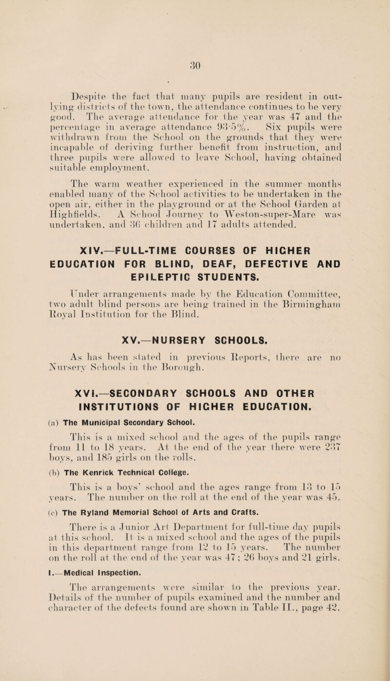 Despite the fact that many pupils are resident in out¬ lying' districts of the town, the attendance continues to he verv good. The average attendance for the year was 47 and the percentage in average attendance 93*5%. Six pupils were withdrawn from the School on the grounds that they were incapable of deriving further benefit from instruction, and three pupils were allowed to leave School, having obtained suitable employment. The warm weather experienced in the summer months enabled many of the School activities to be undertaken in the open air, either in the playground or at the School Garden at Highfields. A School Journey to Weston-super-Mare was undertaken, and 36 children and 17 adults attended. XIV.—FULL-TIME COURSES OF HIGHER EDUCATION FOR BLIND, DEAF, DEFECTIVE AND EPILEPTIC STUDENTS. Under arrangements made by the Education Committee, two adult blind persons are being trained in the Birmingham Royal Institution for the Blind. XV.—NURSERY SCHOOLS. As has been stated in previous Reports, there are no Nursery Schools in the Borough. XVI.—SECONDARY SCHOOLS AND OTHER INSTITUTIONS OF HIGHER EDUCATION. (a) The Municipal Secondary School. This is a mixed school and the ages of the pupils range from 11 to 18 years. At the end of the year there were 237 boys, and 185 girls on the rolls. (b) The Kenrick Technical College. This is a boys’ school and the ages range from 13 to 15 vears. The number on the roll at the end of the year was 45. (c) The Ryland Memorial School of Arts and Crafts. There is a Junior Art Department for full-time day pupils at this school, ft is a mixed school and the ages of the pupils in this department range from 12 to 15 years. The number on the roll at the end of the year was 47; 26 boys and 21 girls. I_Medical Inspection. The arrangements were similar to the previous year. Details of the number of pupils examined and the number and character of the defects found are shown in Table II., page 42.